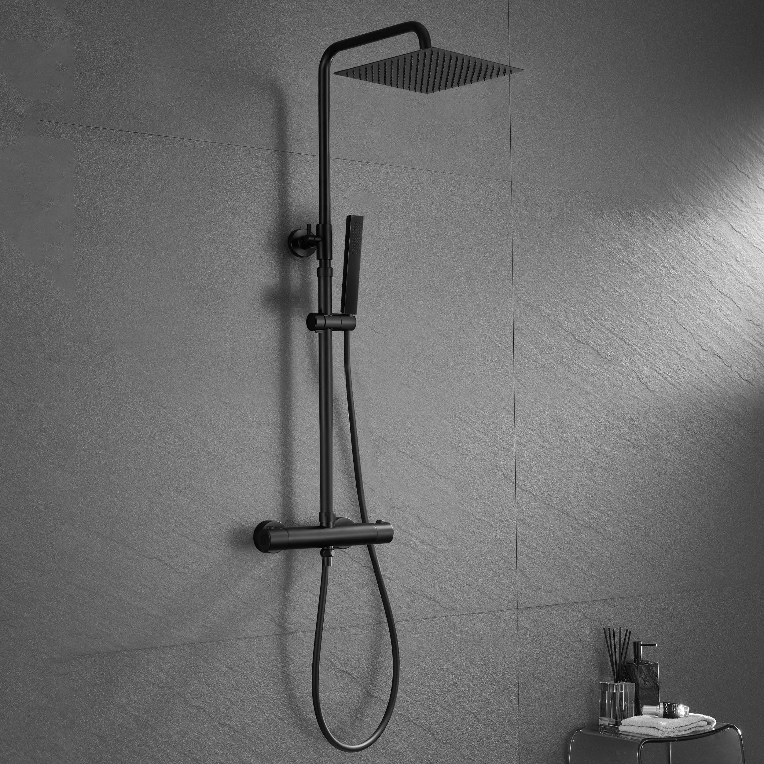 JOHO Colonna Doccia Nero con Rubinetto Termostatico in Acciaio INOX 304 Colonna Doccia idromassaggio con Soffione con Miscelatore Set Doccia a Pioggia con Doccetta(25×25cm Quadrato)