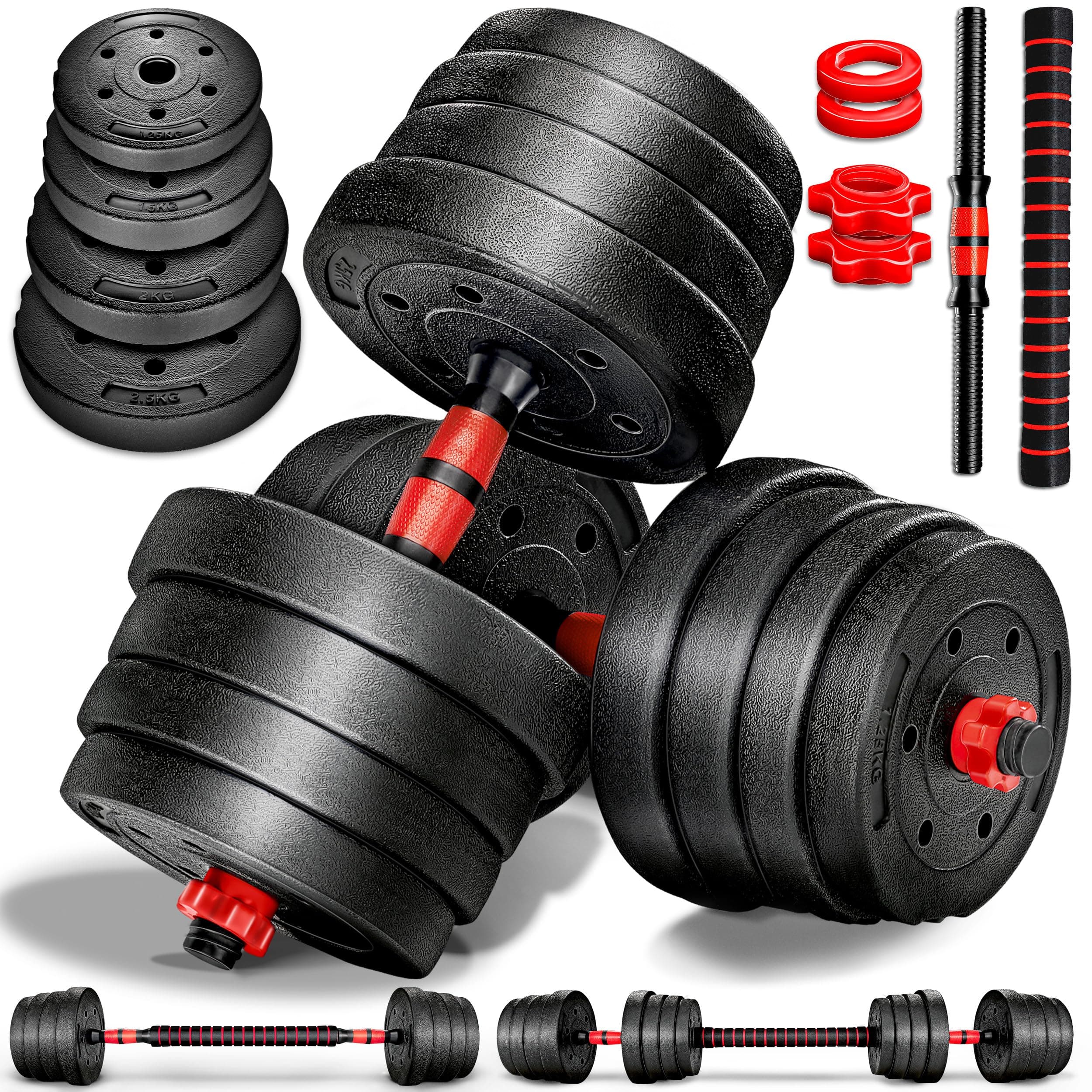 RE:SPORT Set di manubri 2 in 1 15-40kg | Set di manubri regolabili | Manubri corti e lunghi | Chiusure a stella e tubo di collegamento