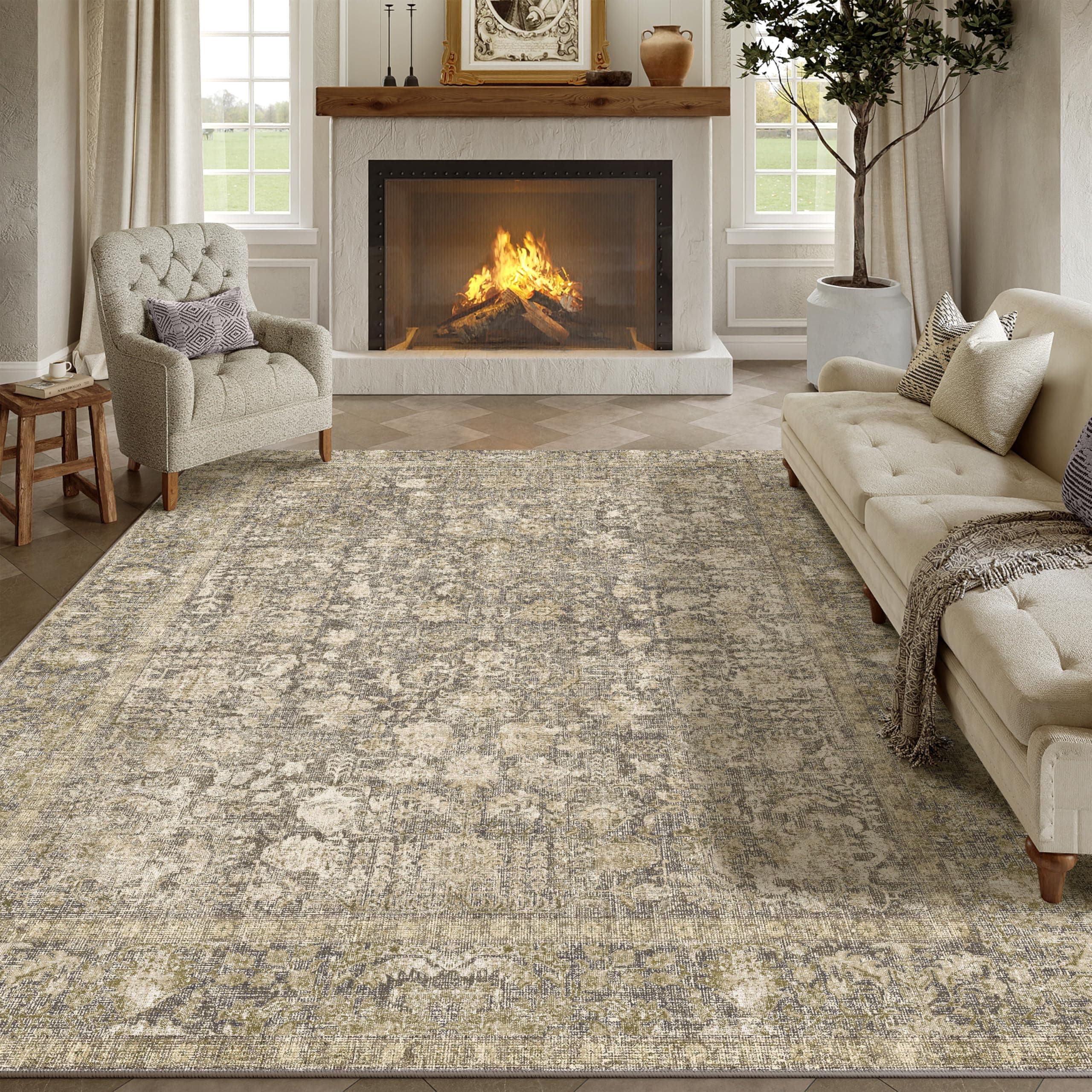 HUGEAR Vintage Tappeto Salotto Marrone Tappeti 240x300cm Soggiorno Antiscivolo Lavabile in Lavatrice Tapette Camera da Letto Sala Ufficio Bambina Bambino Pelo Corto Grande Carpet