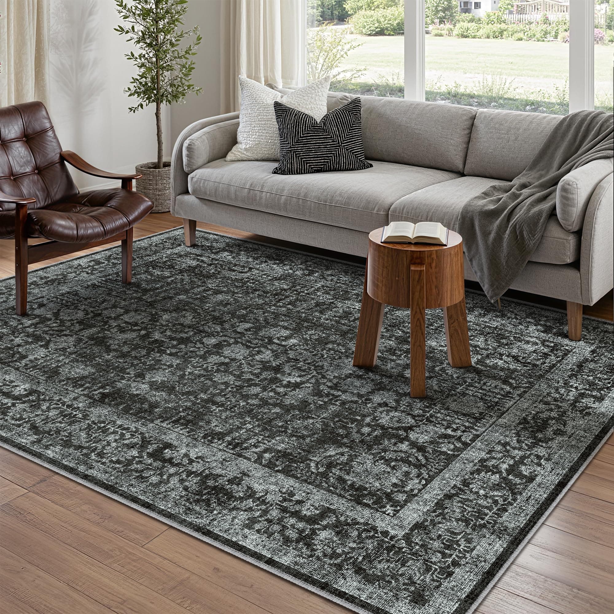 HUGEAR Noir Tapis De Salon Lavable en Machine Tapis Chambre Adulte Grand Tapis Salon 90x150cm Doux Vintage Descente de Lit AntidéRapant Decoration Chambrel Manger