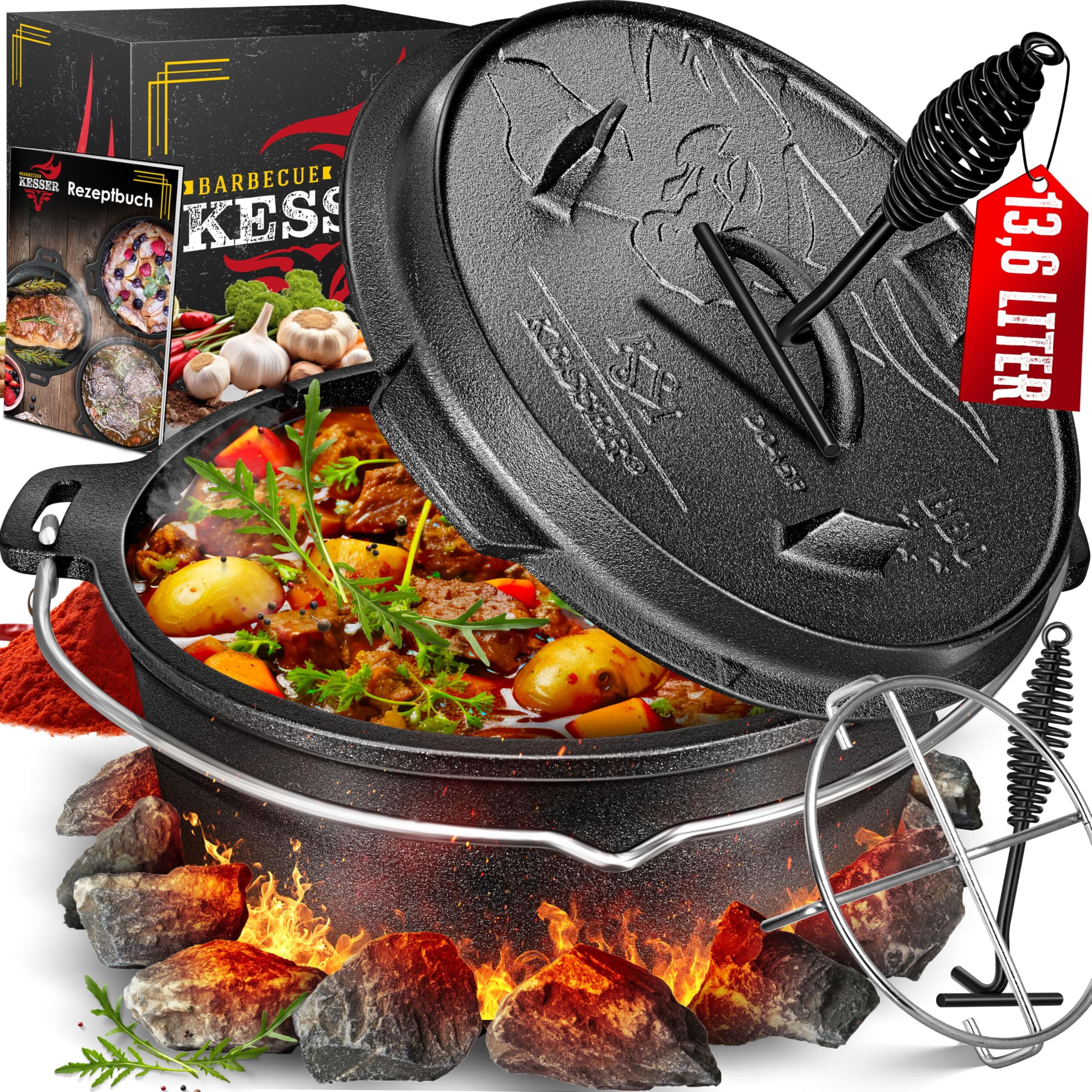 KESSER® Dutch Oven Set BBQ 13,6 Liter, Feuertopf Schmortopf mit Edelstahluntersetzer, Gusseisen Topf mit Deckelheber Henkel und Schlitz für Themormeter, kochkessel Grilltopf für Oudoor & Indoor