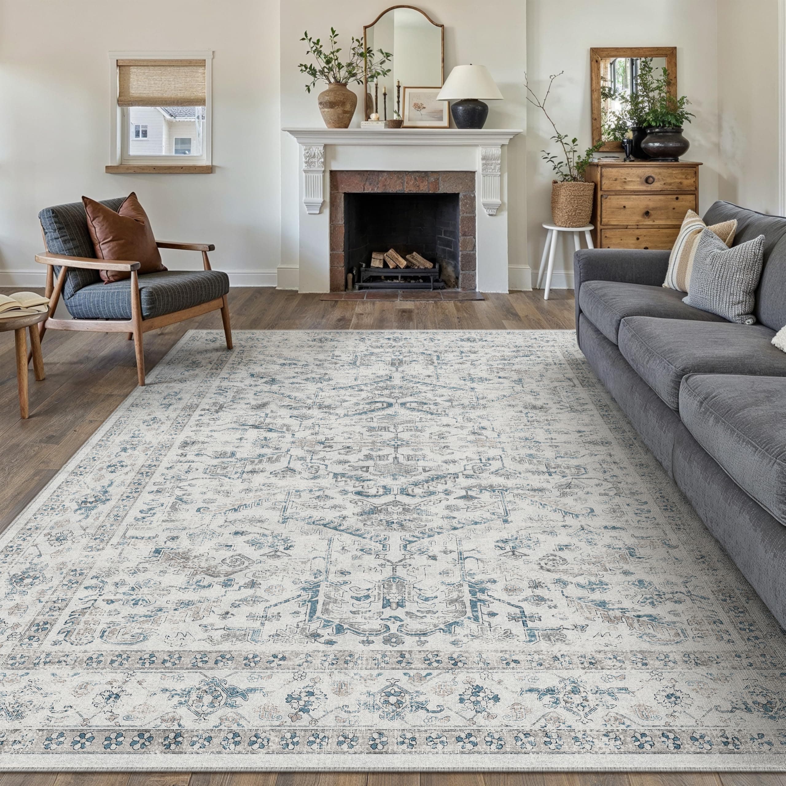 PureCozy Vintage Alfombra Salon 200x300cm Azul Habitacion Lavables en Lavadora Antideslizante Alfombras Sala Dormitorio Cocina Comedor Grande Carpet Pelo Corto Rug