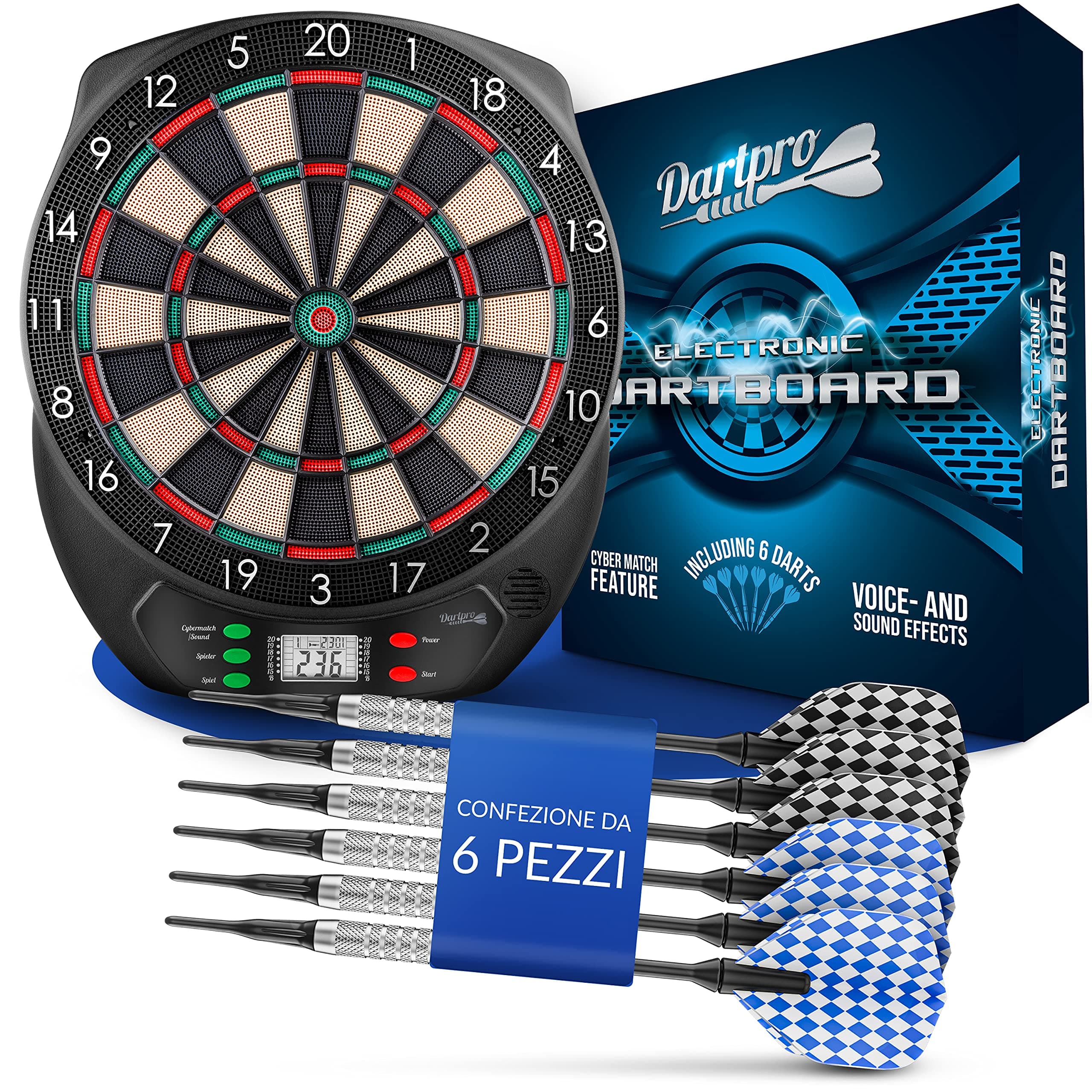 DartPro - L'originale – Bersaglio elettronico – Bersaglio con 6 freccette [utilizzabile senza fili] – Innovativo distributore automatico con 65 varianti – freccette per 1-8 giocatori