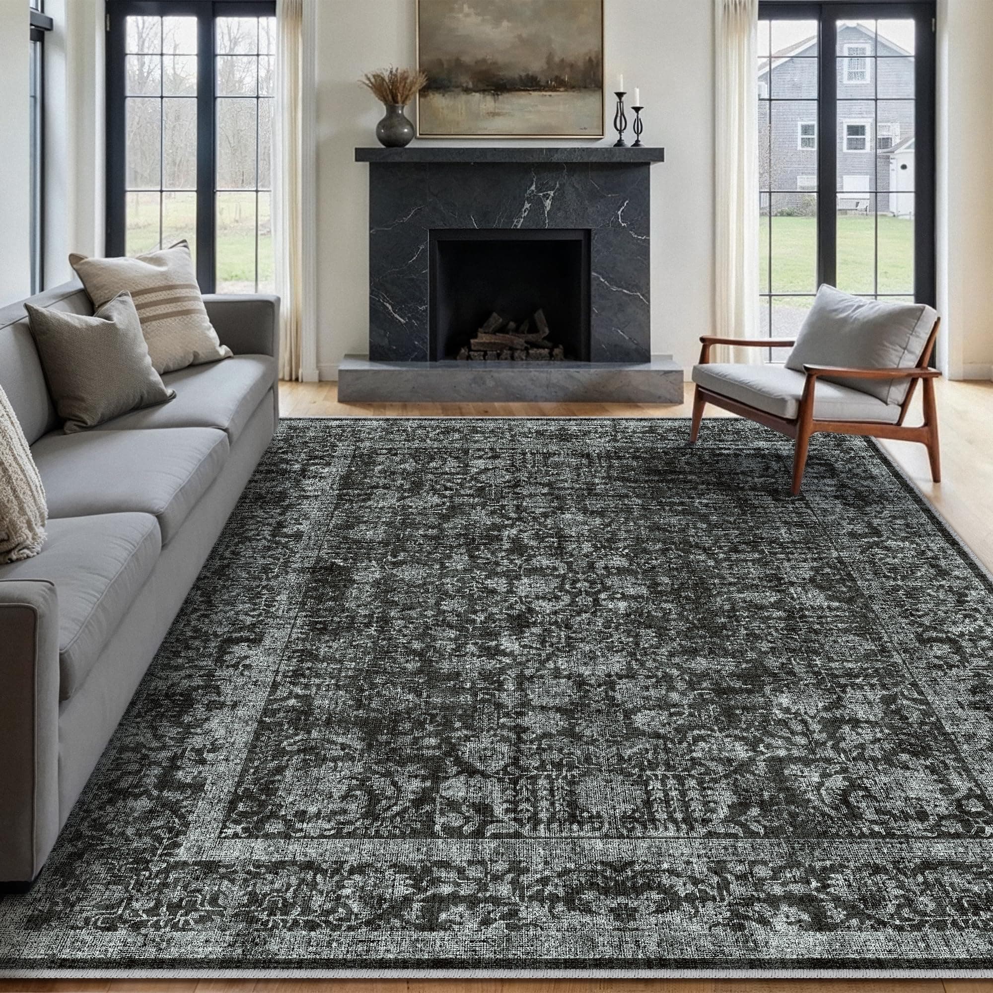 HUGEAR Noir Tapis De Salon Lavable en Machine Tapis Chambre Adulte Grand Tapis Salon 240x300cm Doux Vintage Descente de Lit AntidéRapant Decoration Chambrel Manger