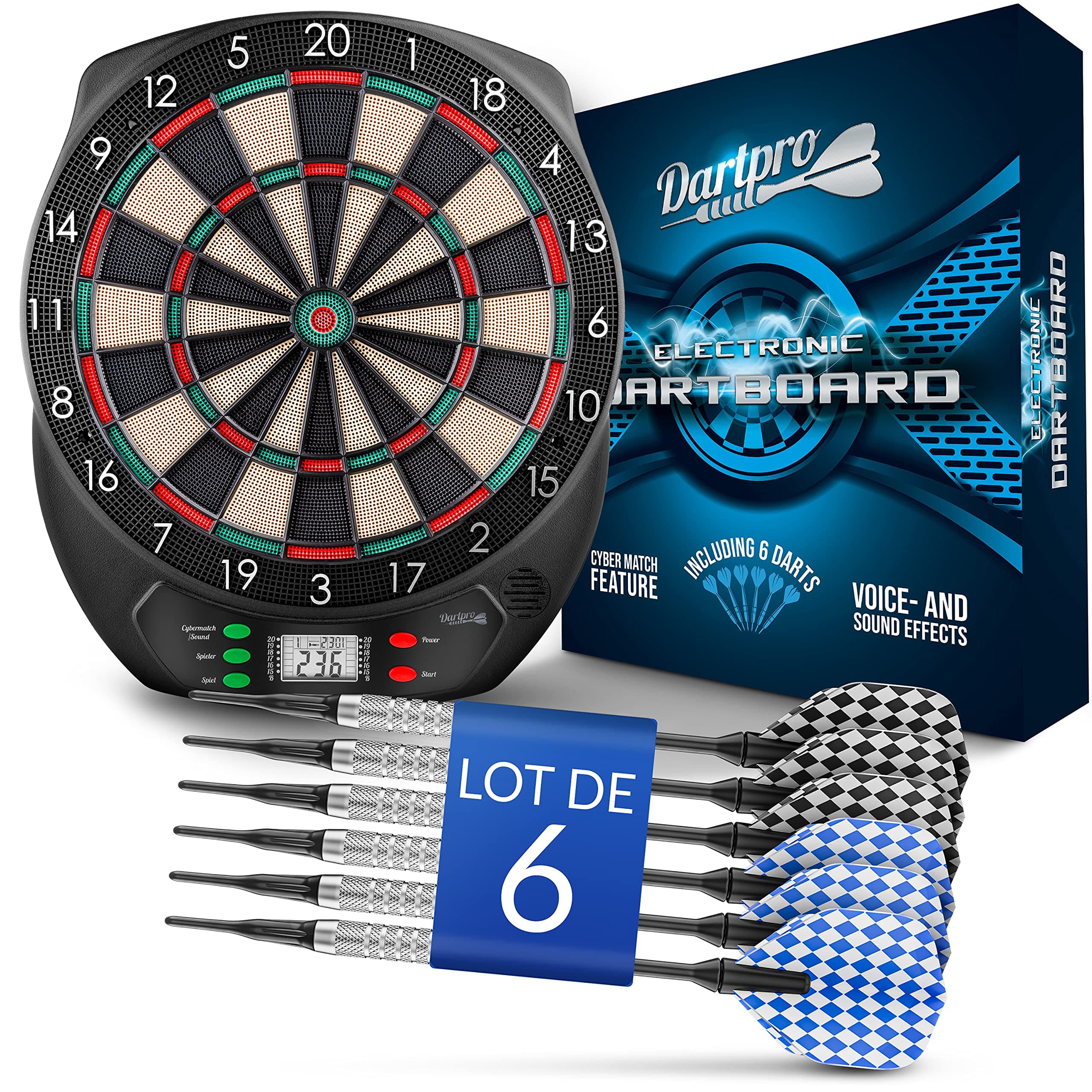 DartPro Cible de fléchettes électronique avec 6 fléchettes [utilisable sans fil] - Distributeur de fléchettes innovant avec 65 variantes - Fléchettes pour 1 à 8 joueurs