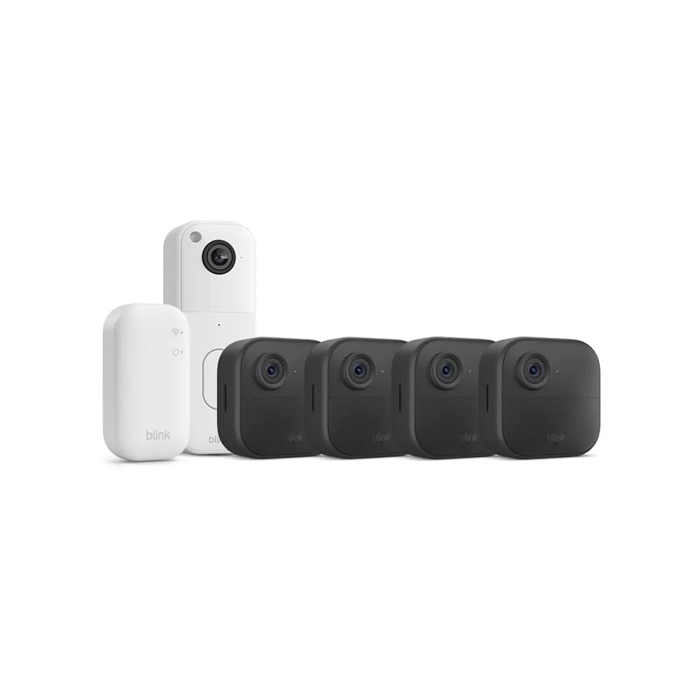 Nouvelle caméra Blink (Outdoor 4) + sonnette vidéo supplémentaire Blink (blanc) : caméra de surveillance connectée HD sans fil, 2 ans d'autonomie (système 4 caméra avec Sync Module Core)
