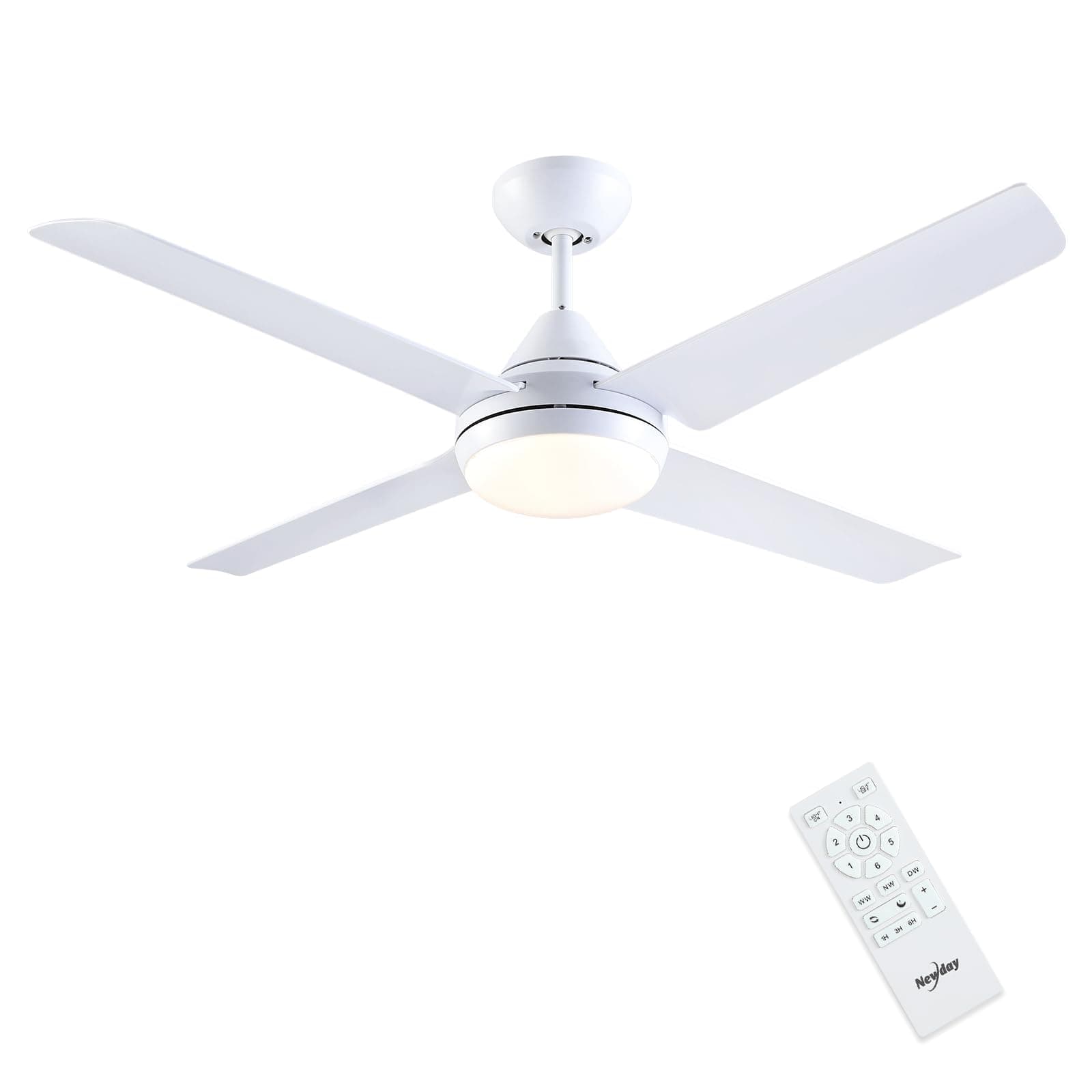 Newday 122CM Ventilador de Techo Blanco Con Luz y Control Remoto Silencioso, 3 Temporizador, Motor DC, Dimmer sin pasos, Modo de 7 Velocidades, 4 Aspas Reversibles, Temporizador Para Dormitorio Salon