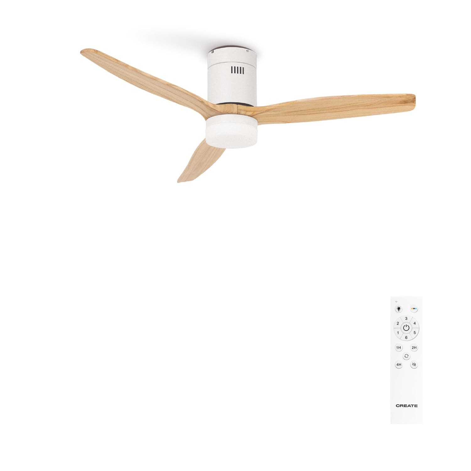 CREATE / WINDCALM M/Ventilateur de plafond ABS avec lumière et télécommande blanc pales effet bois clair / 40W, Silencieux, Ø132 cm, 6 vitesses, minuterie, été-hiver, double hauteur,