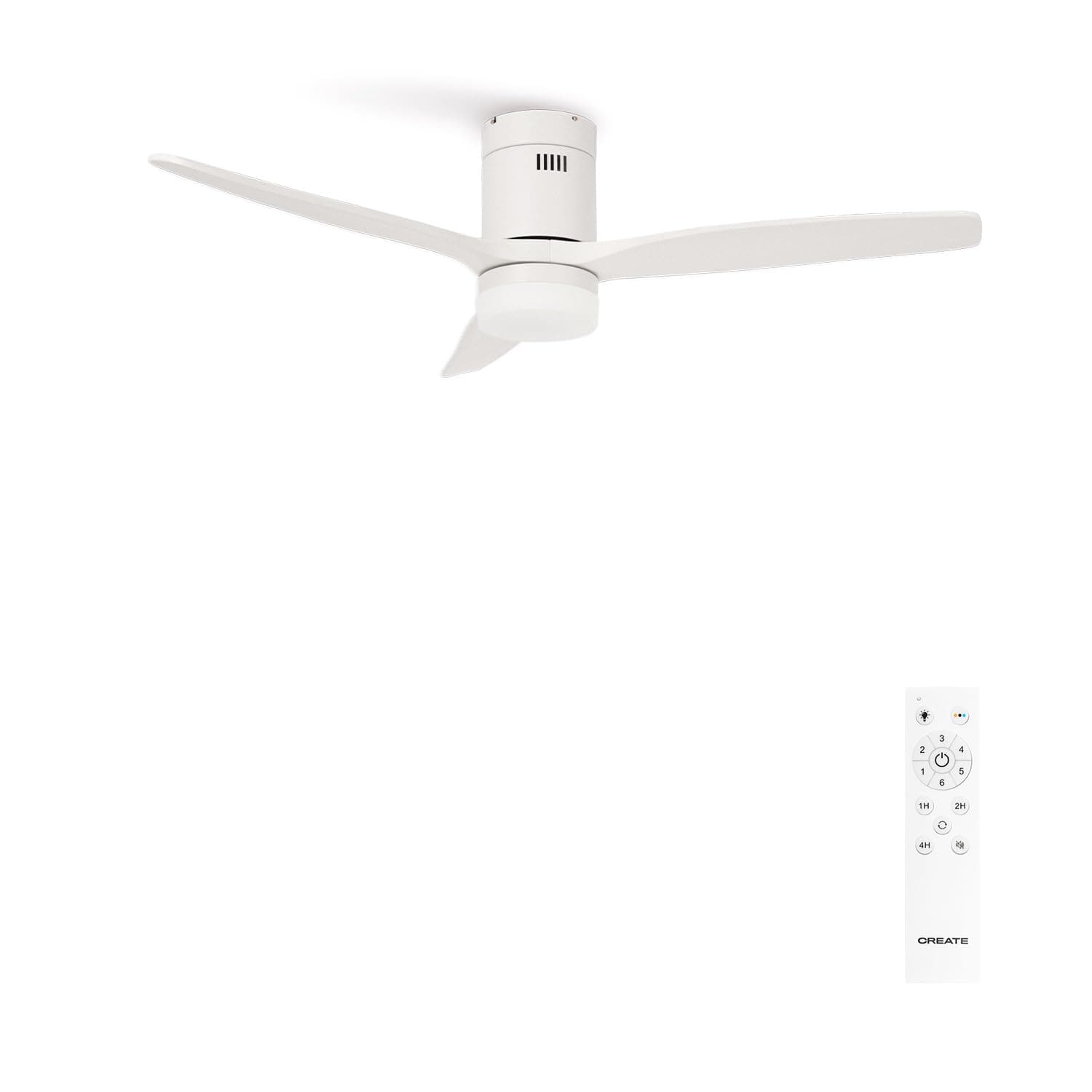 CREATE / WINDCALM M/Ventilateur de plafond ABS avec lumière et télécommande blanc / 40W, Silencieux, Ø132 cm, 6 vitesses, minuterie, été-hiver, double hauteur