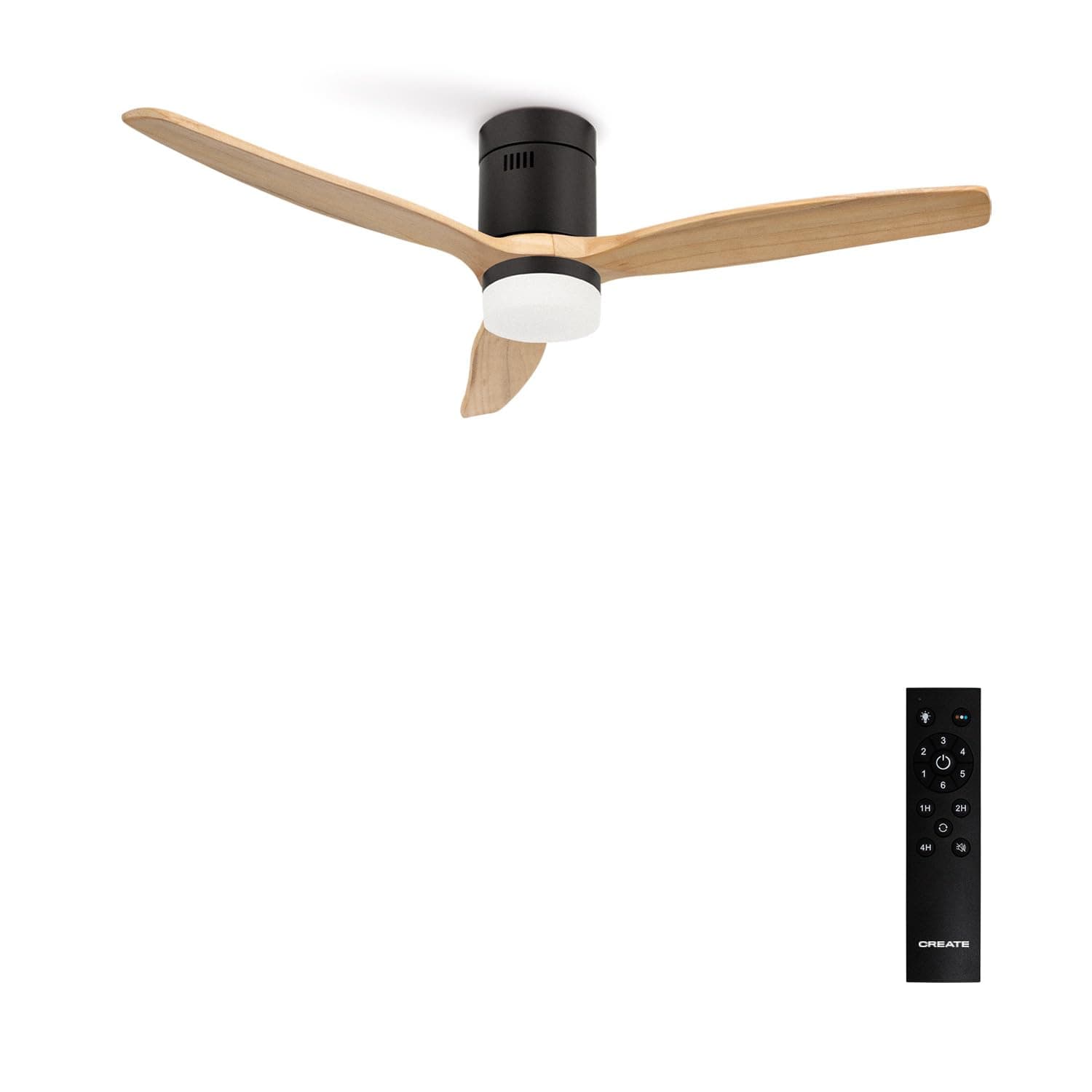 CREATE / WINDCALM DC/Ventilateur de plafond ABS avec lumière noir pales effet bois clair / 40W, Silencieux, Ø132 cm, 6 vitesses, minuterie, fonction été hiver