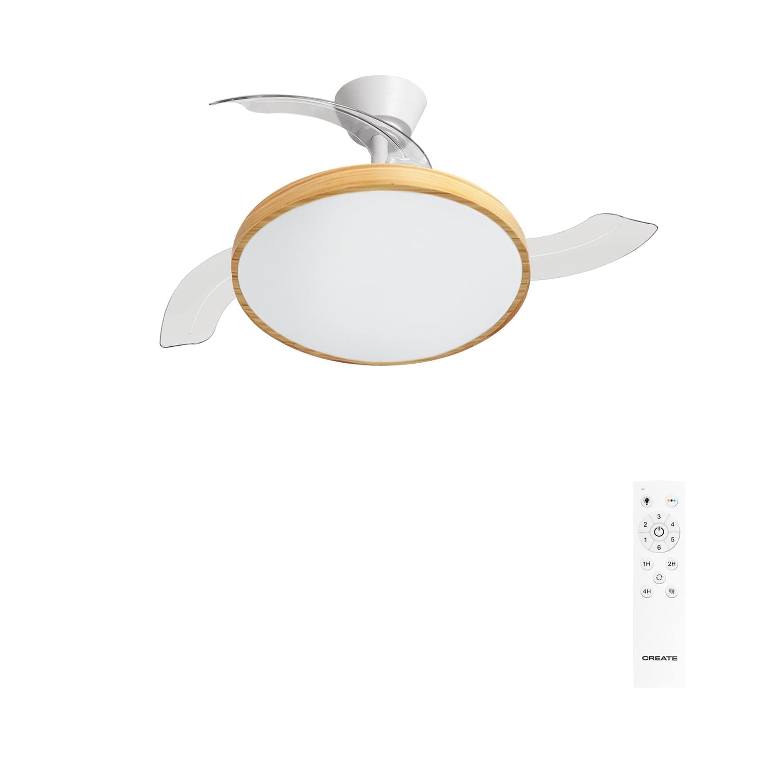 CREATE / WIND CLEAR STUDIO M/Ventilateur de plafond avec lumière blanc et bois clair avec télécommande / 40W, Ø108 cm, pales rétractables, 3 températures de lumière, fonction été-hiver