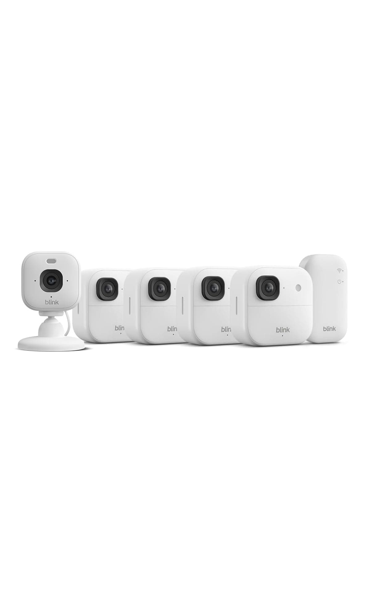Cámara exterior 2K+ Blink + Cámara Mini 2K+ — cámara de seguridad inteligente inalámbrica, resolución de vídeo 2K, módulo de sincronización básico Incluido: sistema de 4 cámara, Blanco