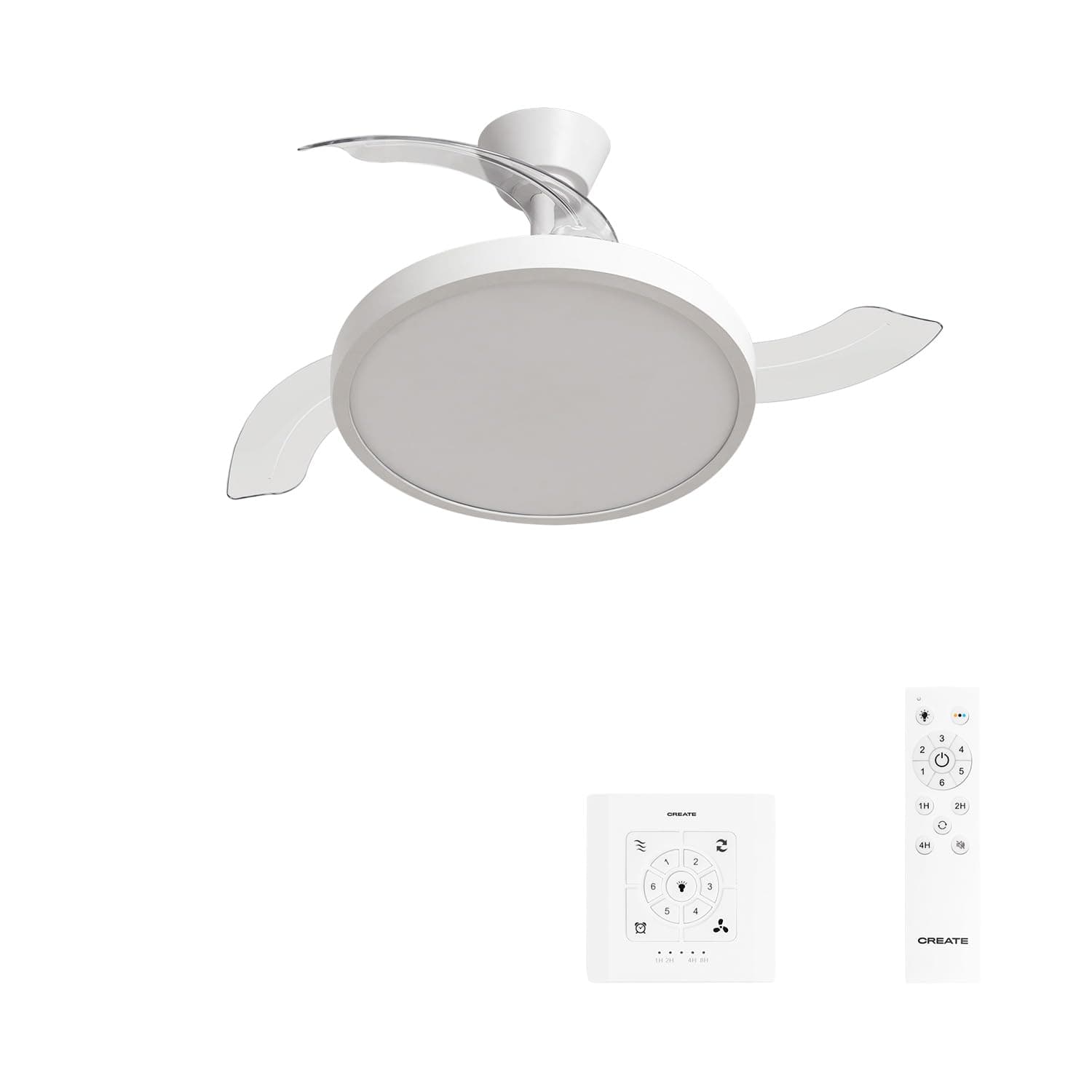 CREATE / WIND CLEAR STUDIO M/Ventilateur de plafond avec lumière blanc avec commande murale et télécommande / 40W, Ø108 cm, pales rétractables, 3 températures de lumière, fonction été-hiver