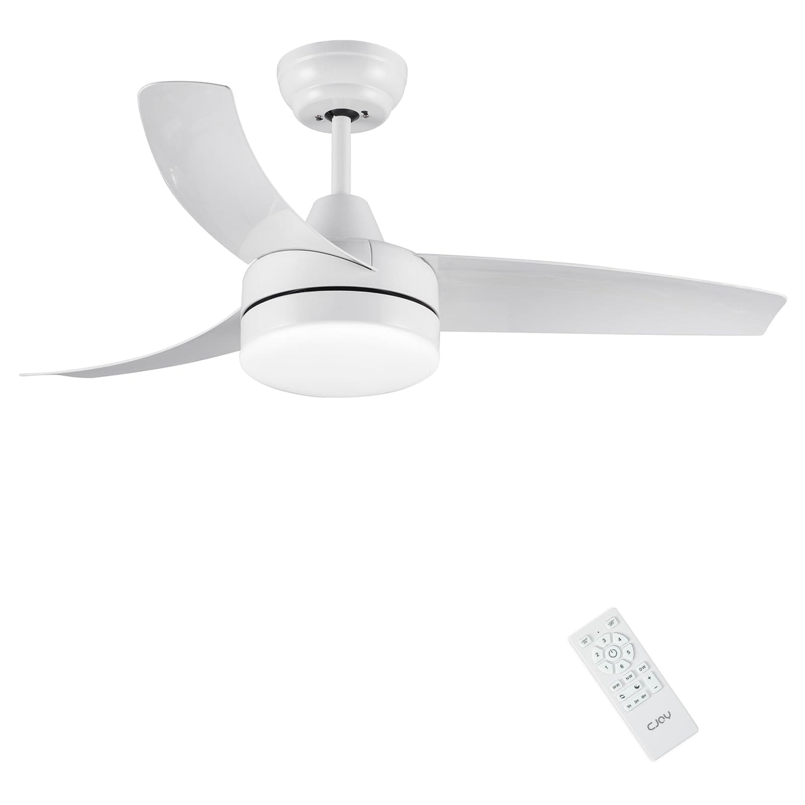 CJOY Ventilateurs de Plafond avec Lampe Intégrée 107 cm Silencieux, Blanc Ventilateur de Plafond avec Lumière et Telecommande 3 Pales, Reversible 6 Vitesses, Ventilateur pour Plafond Incliné Soggiorno
