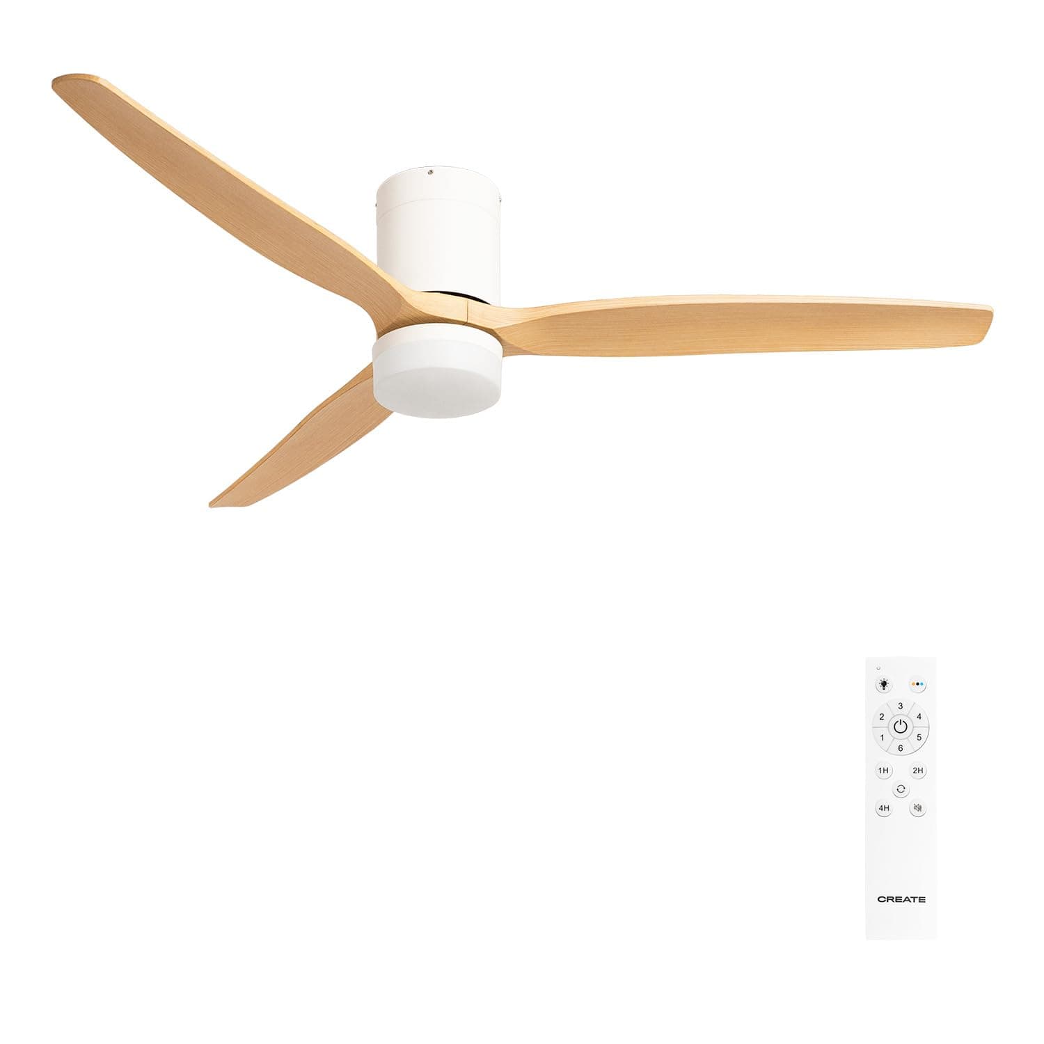 CREATE / WINDCALM L/Ventilateur plafond ABS blanc pales bois clair avec télécommande/Silencieux, Ø152 cm, 6 vitesses, 3 températures, minuterie, été-hiver