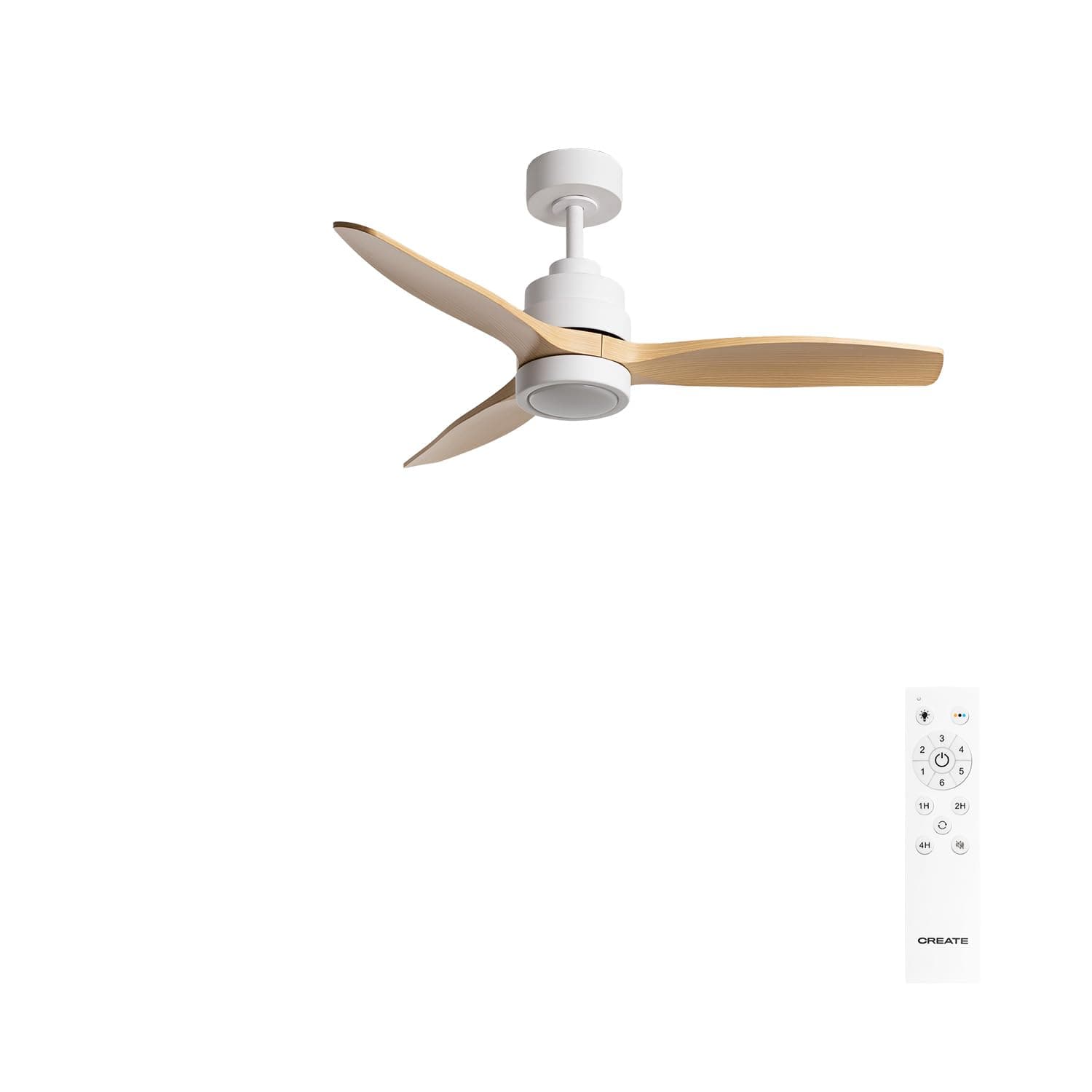 CREATE / WINDSTYLANCE S/Ventilateur plafond ABS blanc lumière pales effet bois clair avec télécommande/Silencieux, Ø112 cm, 6 vitesses, été-hiver, moteur DC