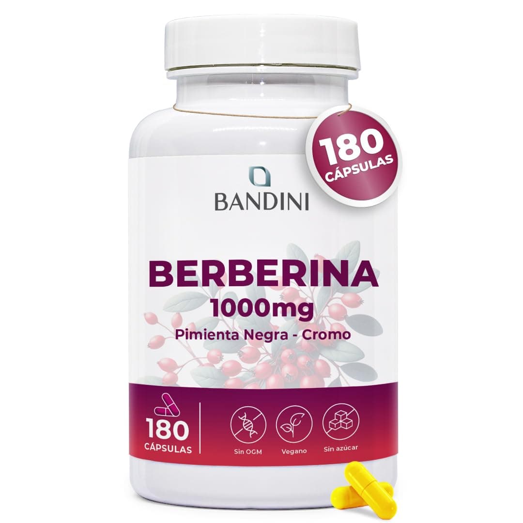 Bandini® Berberina 1000 mg - 180 cápsulas veganas - Con Cromo y Pimienta Negra para una mejor absorción - El mejor extracto concentrado de Berberis Vulgaris - Control de la glucosa y triglicéridos