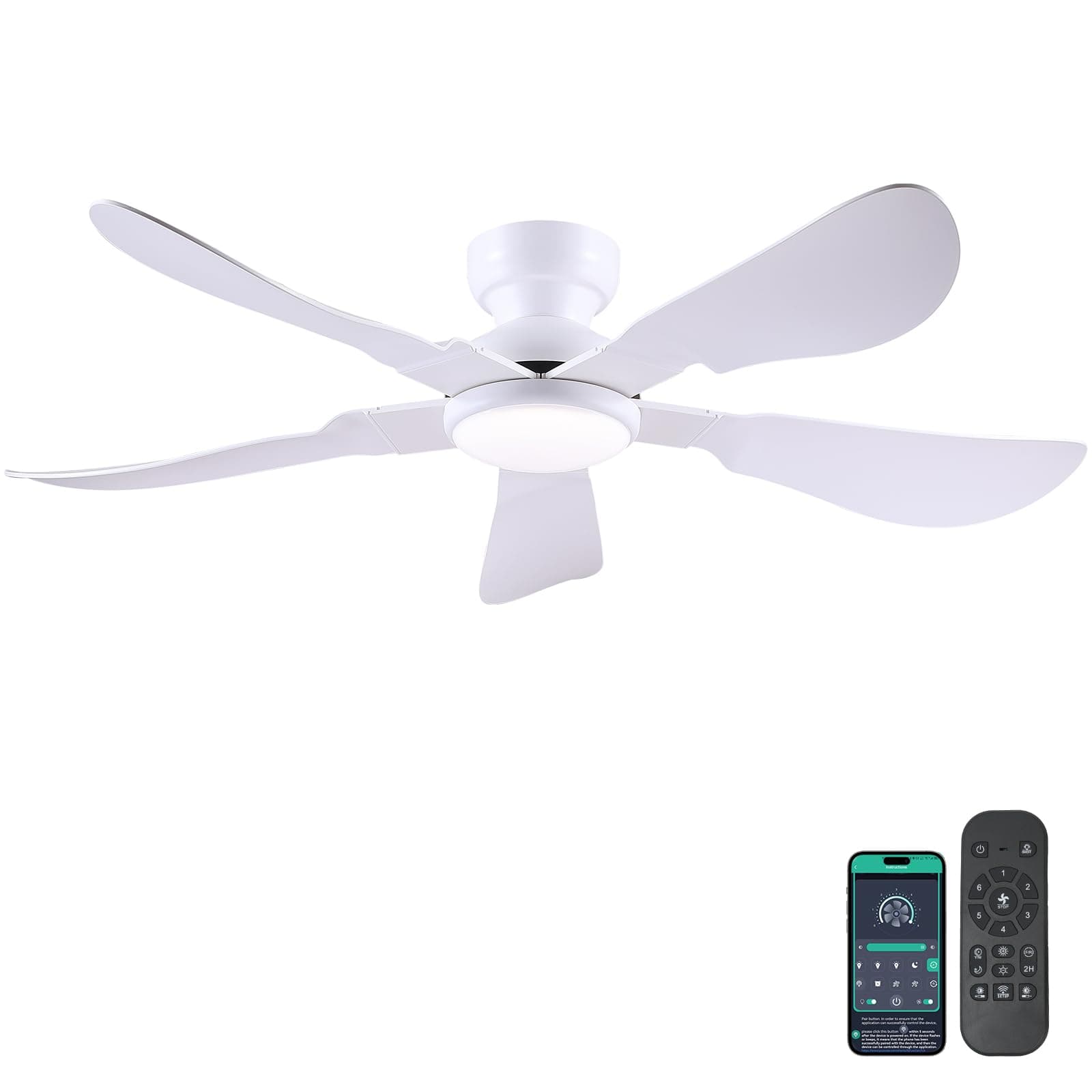 Ventilateur de plafond moderne 132 cm avec lumière, encastrable avec télécommande et APP, 5 pales courbes réversibles 6 vitesses, 3 températures de couleur dimmables pour salon et chambre, blanc