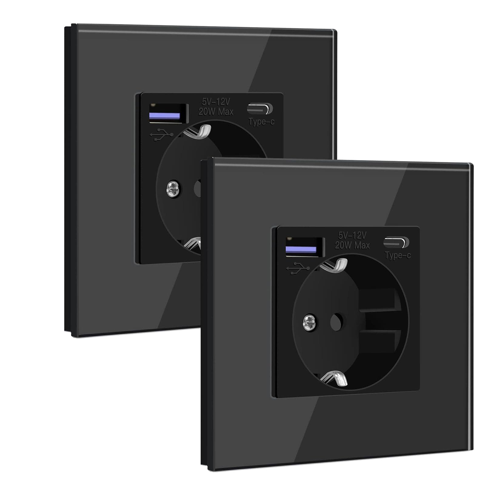 BSEED Enchufe Schuko con USB C 20W 1 Gang 2 Pack, Enchufe de Pared con USB 16A con Placa de Cristal 86 * 86mm, Negro