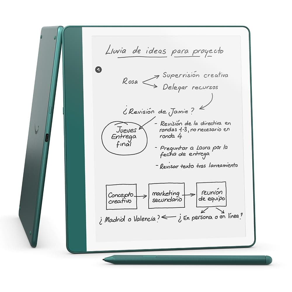 Amazon Kindle Scribe (64 GB) | Pantalla rediseñada con bordes uniformes. Escribe a mano sobre tus libros y documentos | Lápiz prémium | Verde jade metalizado