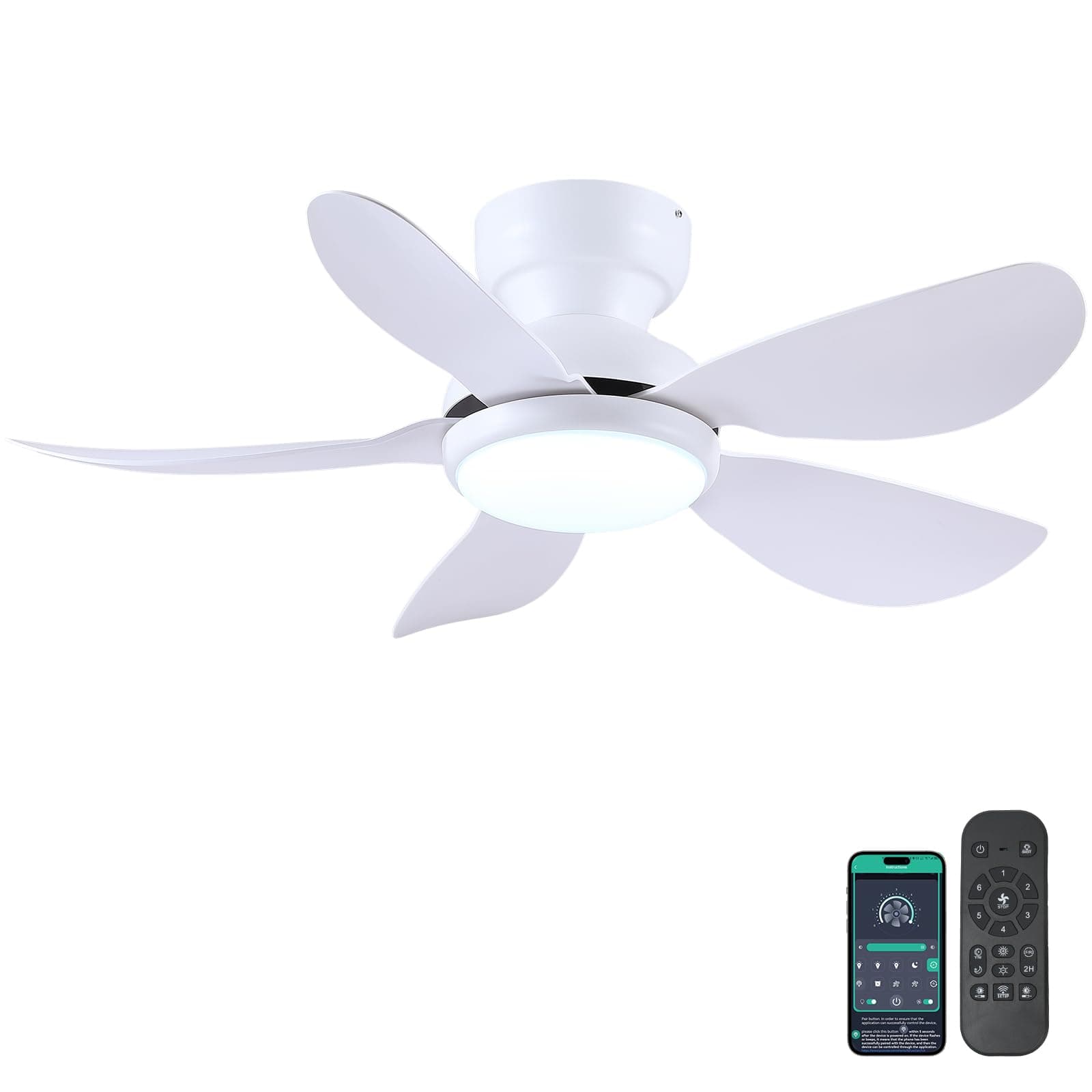 Ventilateur de plafond moderne 92 cm avec lumière, ventilateur encastrable, télécommande et APP, 5 pales courbes réversibles 6 vitesses, 3 températures de couleur dimmables pour chambre, blanc