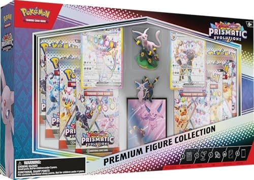 Pokémon TCG: Scarlet & Violet—Prismatic Evolutions Colección de figuras premium (2 tarjetas promocionales grabadas, 11 Pokémon TCG: escarlata y violeta, paquetes de refuerzo de evoluciones prismáticas