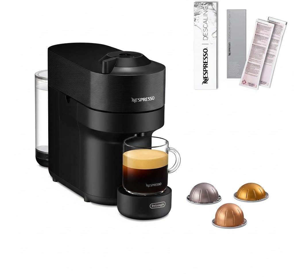 De'Longhi Nespresso Vertuo Pop ENV90.B, Máquina de Café de Cápsulas + Aeroccino Incluido, 4 Tamaños de Taza, Tecnología de Centrifugación, Kit Descalcificador Incluido, Negro Regaliz