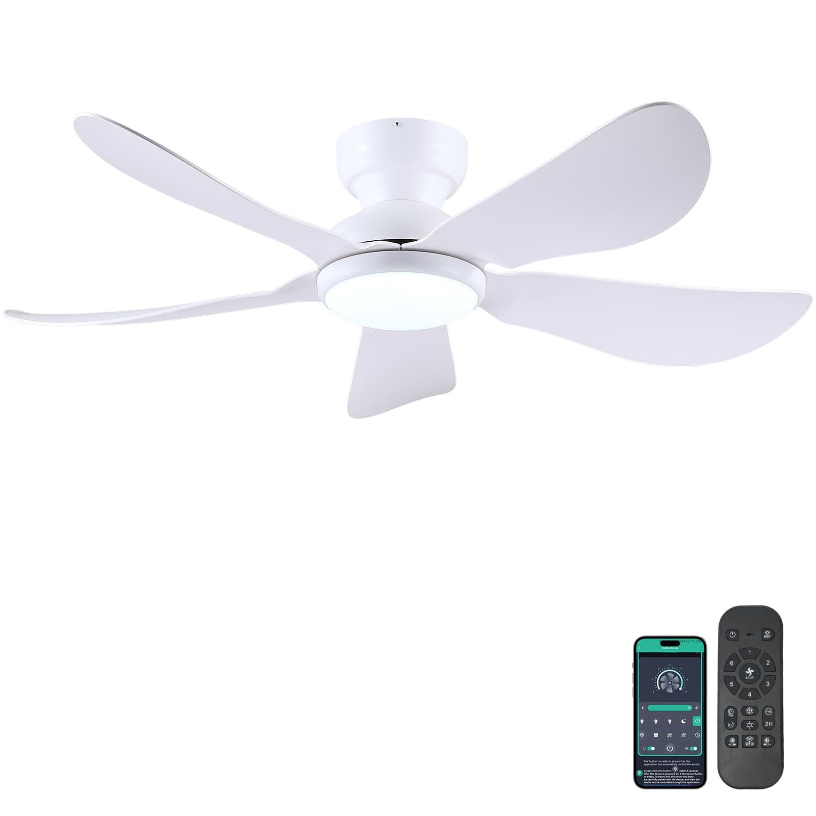Ventilateur de plafond moderne 117 cm avec lumière, ventilateur encastrable avec télécommande et APP, 5 pales courbes réversibles 6 vitesses, 3 températures de couleur dimmables pour salon, blanc