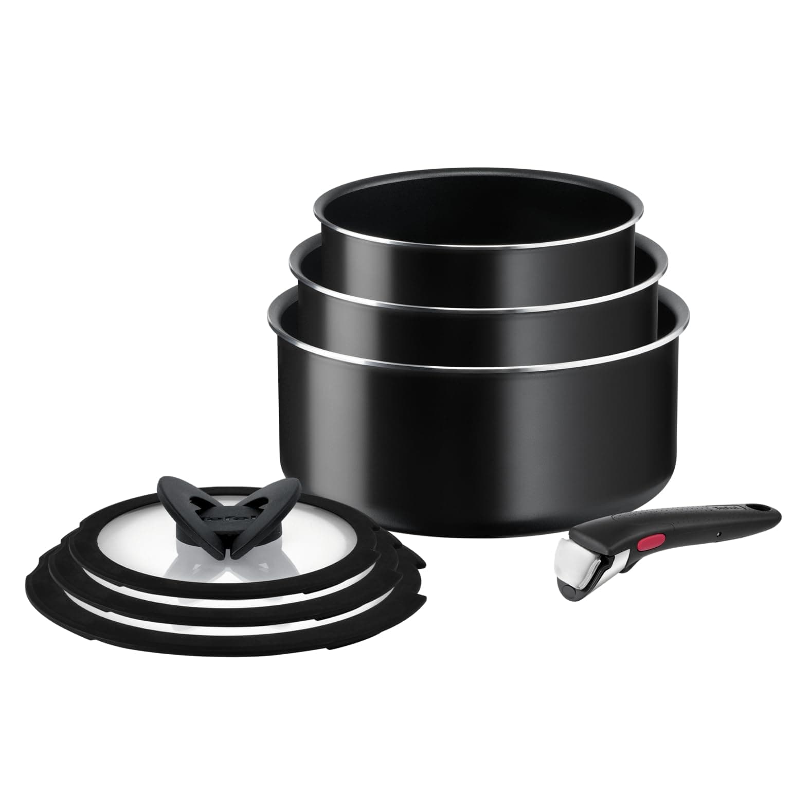 Tefal Ingenio Easy On - Juego de 3 Cazos 16/18/20 cm + 3 Tapas + Mango extraíble, No apto inducción, antiadherentes, revestimiento titanio, apto lavavajillas y horno