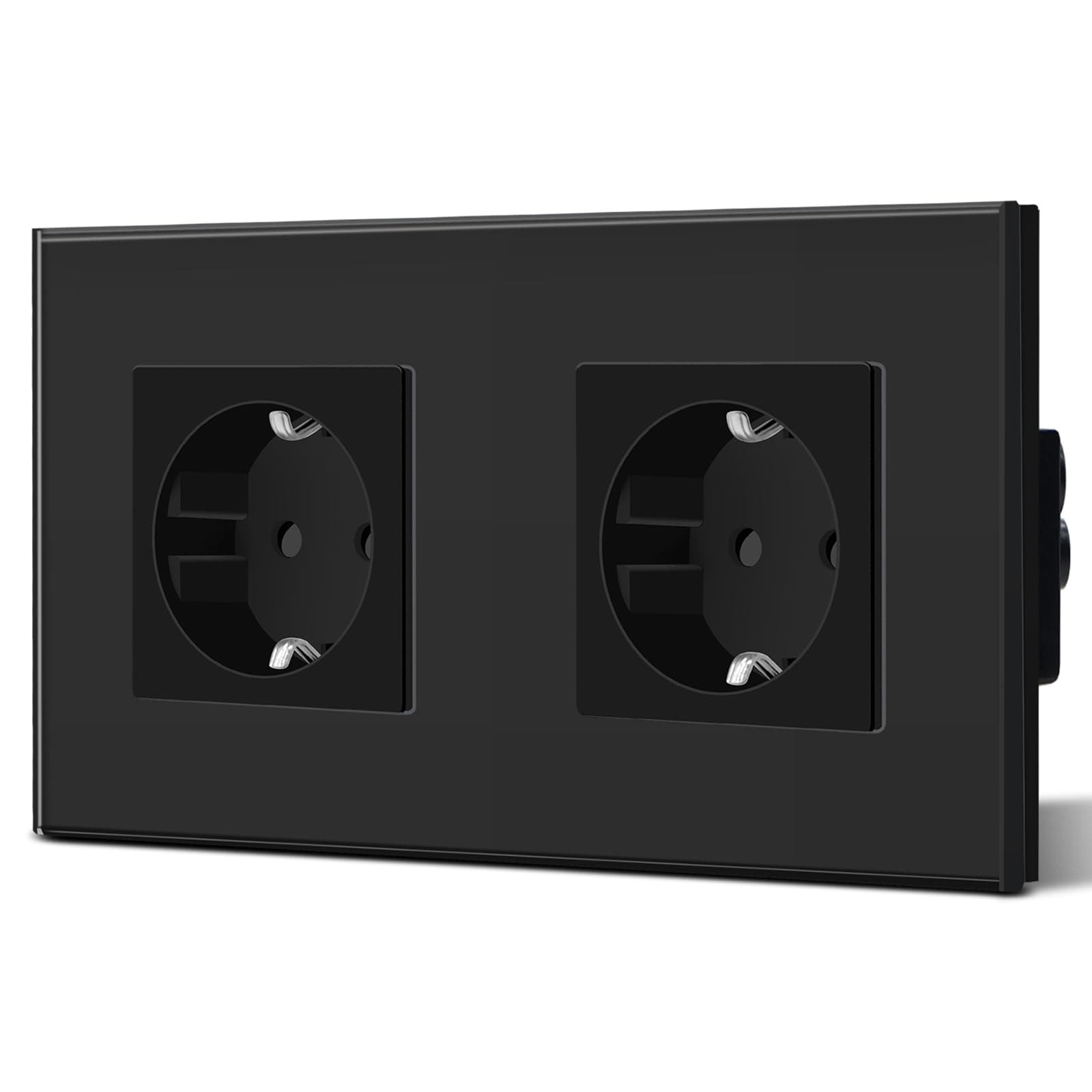 BSEED Enchufe de Pared con Cristal,Enchufes Dobles Empotrados,Toma de Corriente,Seguridad infantil,Fácil de Instalar,M Serie,2 Enchufes,157mm Negro