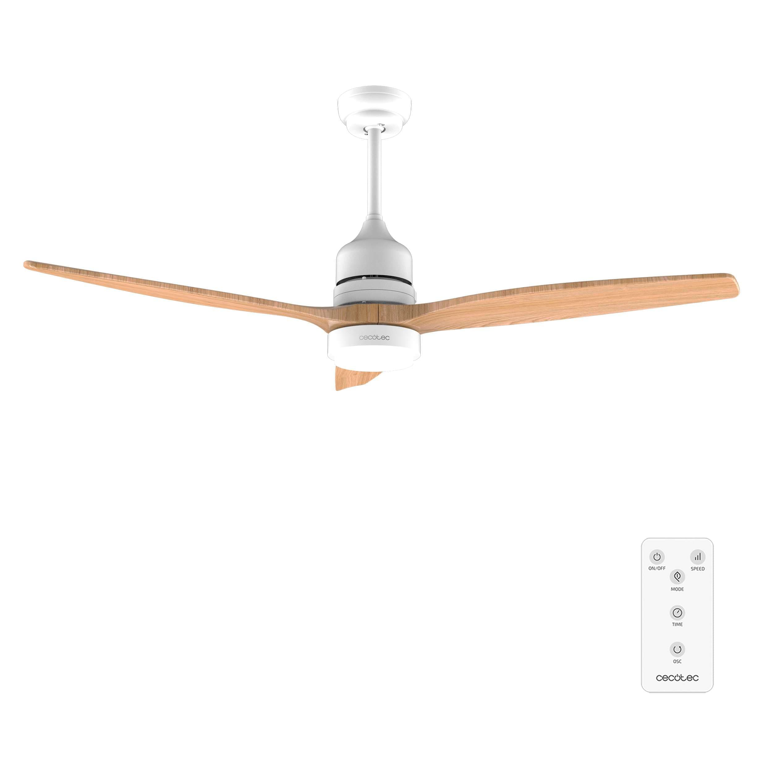 Cecotec Ventilateur de Plafond avec Lumière et Télécommande de 52" EnergySilence Aero 5230 WhiteWood. Moteur DC 40W, 3 Pales, Lumière LED, Hauteur Réglable, Minuterie, 6 Vitesses, Mode Hiver/Été