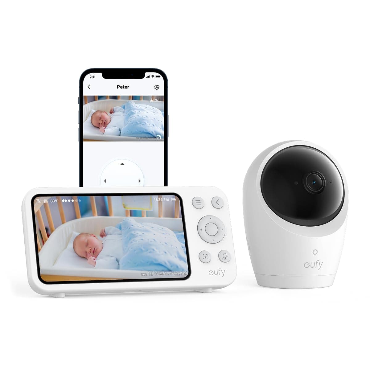Monitor para bebés eufy E20, resolución 2K, Pantalla de 5'' 720p, conexión híbrida, Control con y sin Wi-Fi, Zoom 4×, visión Nocturna, batería integrada, ANR, alertas Inteligentes, grabación 24/7.