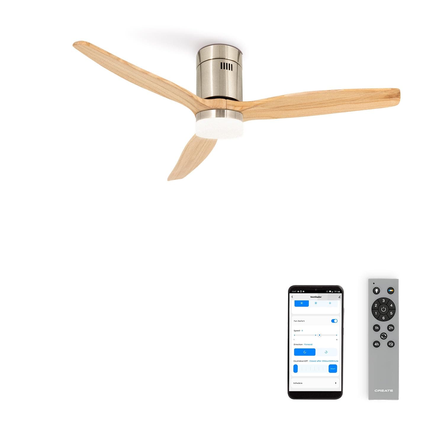 CREATE / WINDCALM M/Ventilateur de plafond ABS avec lumière, Wifi et télécommande, niquel pales effet bois clair / 40W, silencieux, Ø132 cm, 6 vitesses, minuterie 1 à 4 heures, fonction été-hiver