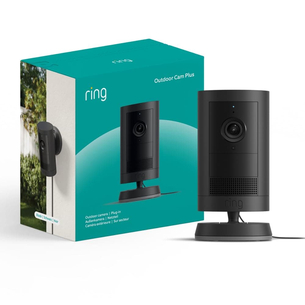 Ring Videocamera esterna Plus plug-in (Outdoor Camera Plus Ultimo modello) Video 2K grandangolare Videocamera di sicurezza wireless fai-da-te | Prova gratuita di 30 giorni piano d'abbonamento Ring