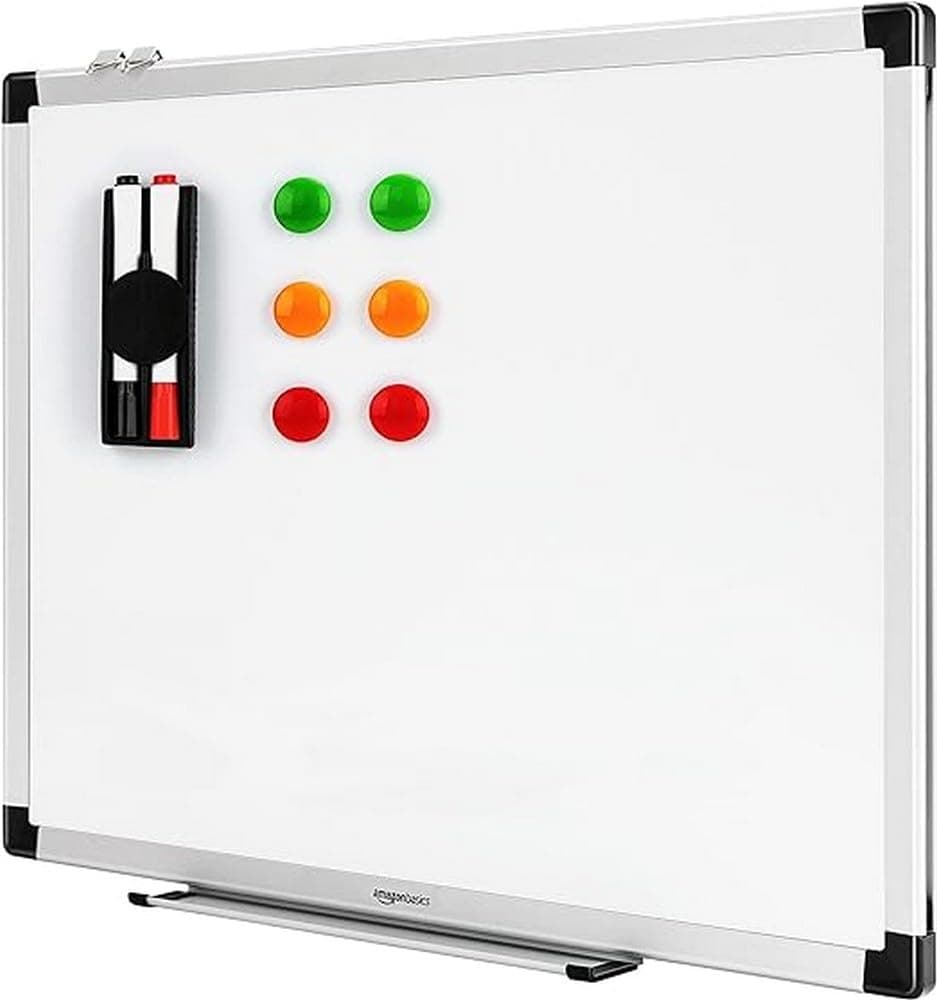 Amazon Basics Tableau Blanc Magnétique Avec Cadre en Aluminium, Porte-Stylos, 6 Aimants, 1 Gomme et 2 Marqueurs Pour une Utilisation au Bureau et à la Maison, Mural, Effaçable à Sec, 60 x 45cm