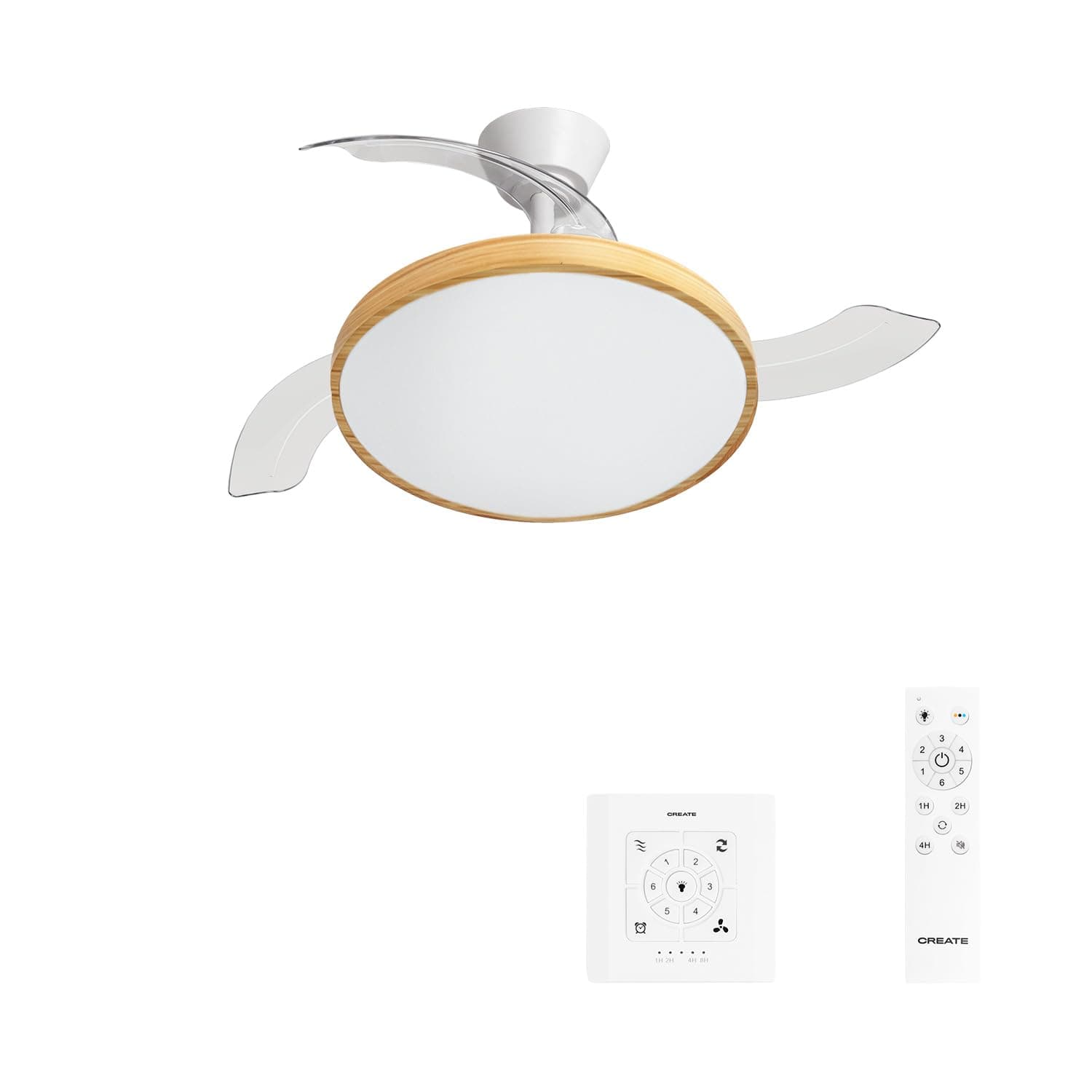 CREATE / WIND CLEAR STUDIO M/Ventilateur de plafond avec lumière blanc et bois clair avec commande murale et télécommande / 40W, Ø108 cm, pales rétractables, 3 températures de lumière