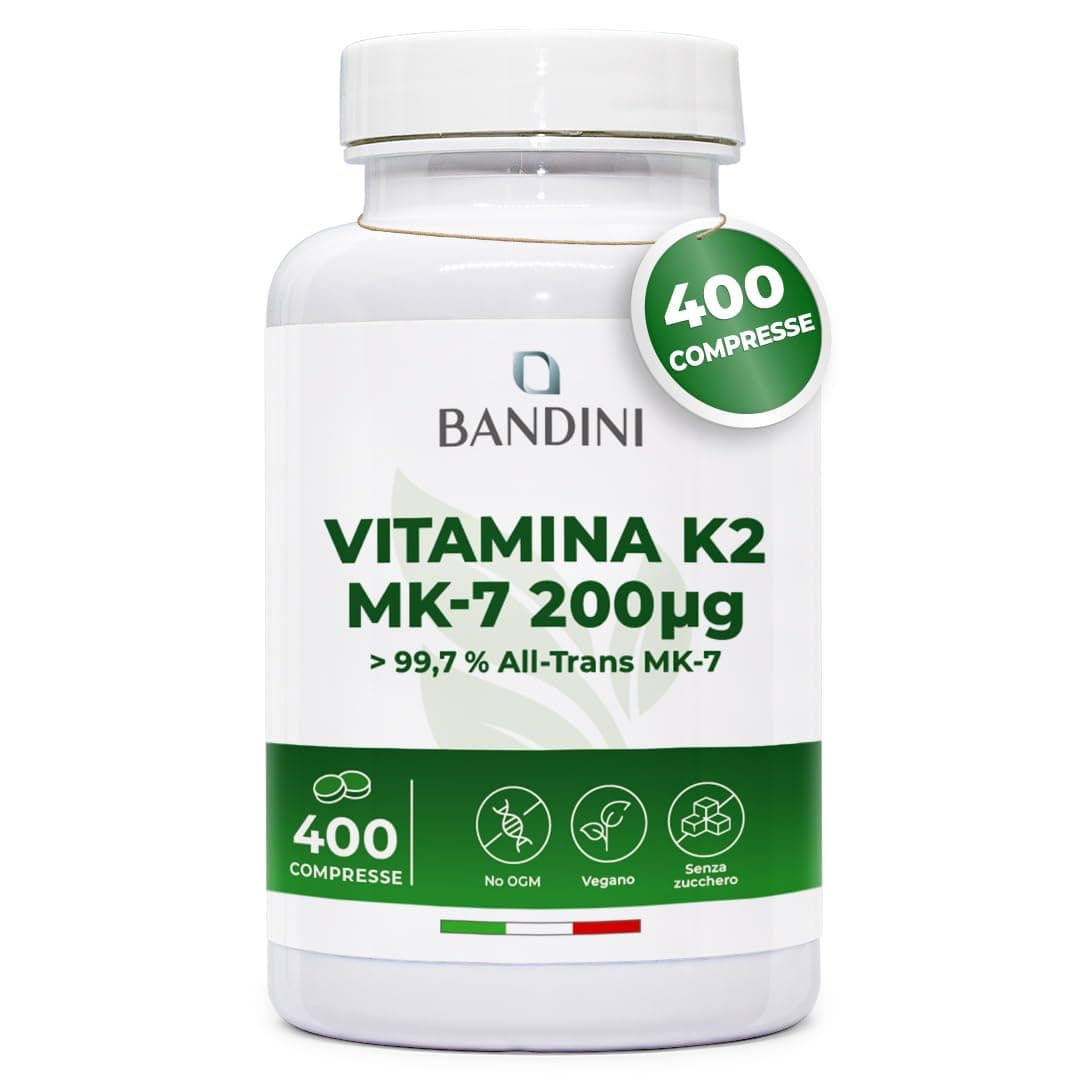 Bandini® Vitamina K2 MK7 200µg | 400 Compresse | Menachinone ad Alto Dosaggio | Vit K 2 MK-7 200 mcg | Contribuisce al Mantenimento di Ossa Normali, 100% Vegan, Senza OGM | Vitamina K Qualità Italiana