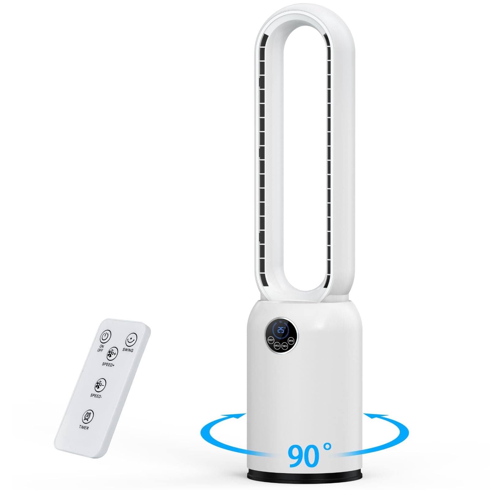 Teoryieer 88cm Ventilador de Torre sin Aspas, Ventilador Silencioso de 24 Velocidades, Temporizador 12H, Oscilación de 90°, Pantalla LED y Control Remoto, Portátil, para Dormitorio, Hogar y Oficina