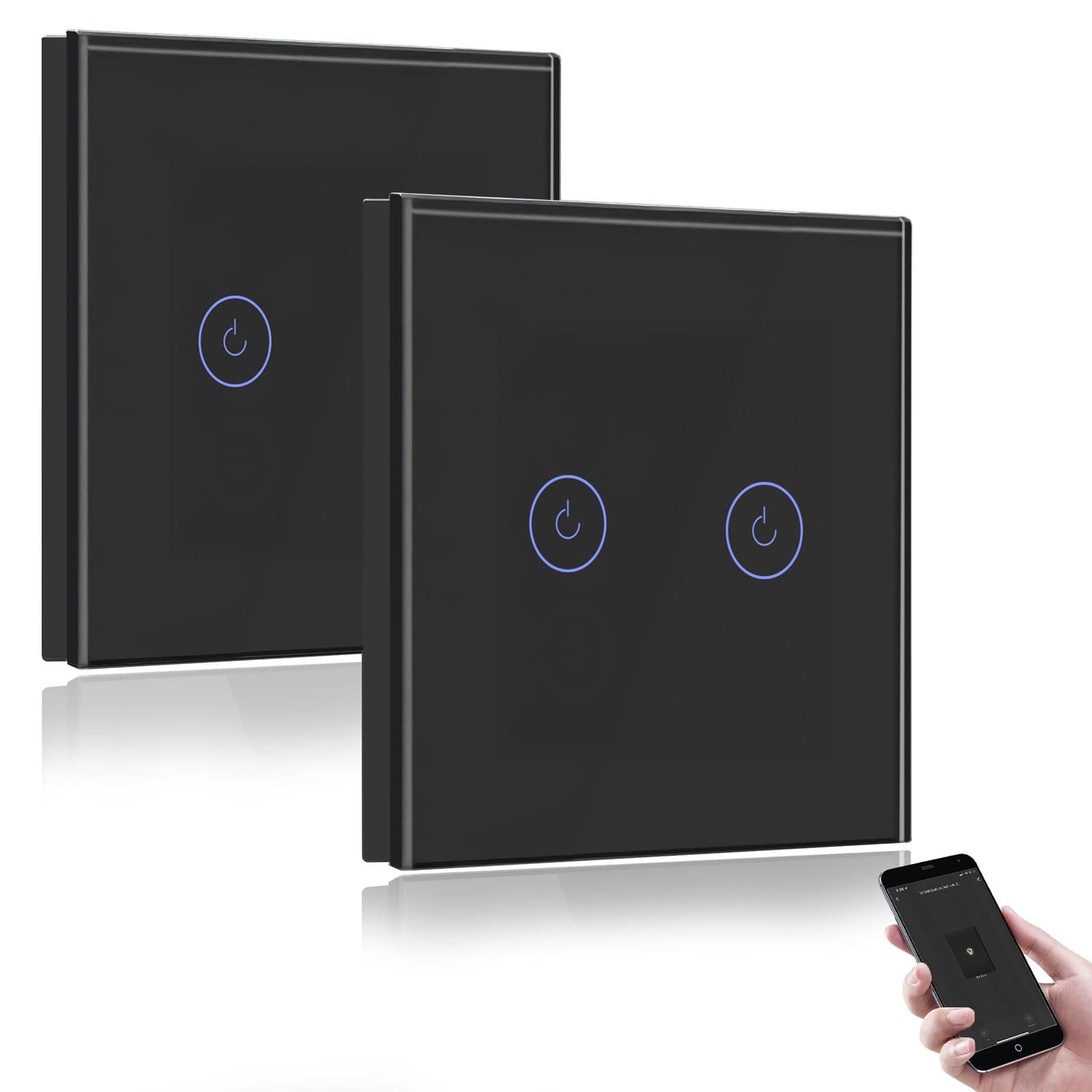 BSEED Interruptor de Pared WiFi,Interruptor Smart 2 Gang 2 Vías con Pantalla Táctil Negro,Compatible con Alexa y Google Home, Control de APP y Función de Temporizador-2 Paquete【Se necesita Neutro】