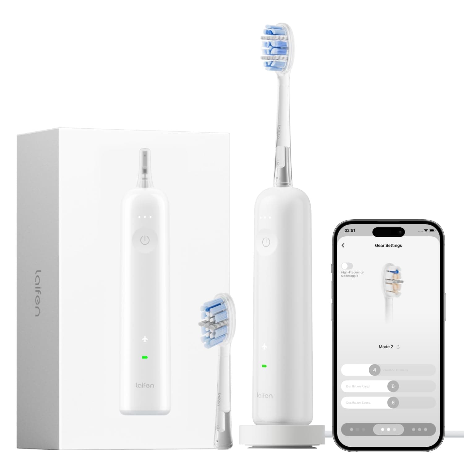 Laifen Wave Pro Cepillo de Dientes Eléctrico Sónico con Tecnología WaveMotion de 60° y 66.000 VPM, 70 Días de Autonomía, Sensor de Presión, Carga Inalámbrica, 2 Cabezales Pro Incluidos (Blanco)