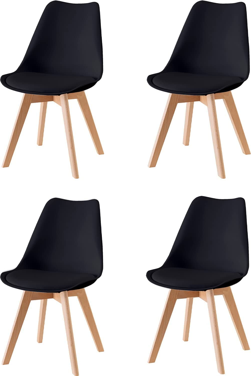 Baroni Home Set di 4 Sedie da Pranzo o Ufficio con Gambe in Legno, Sedia Ergonomica con Cuscino Integrato 57X48X79 cm, Nero