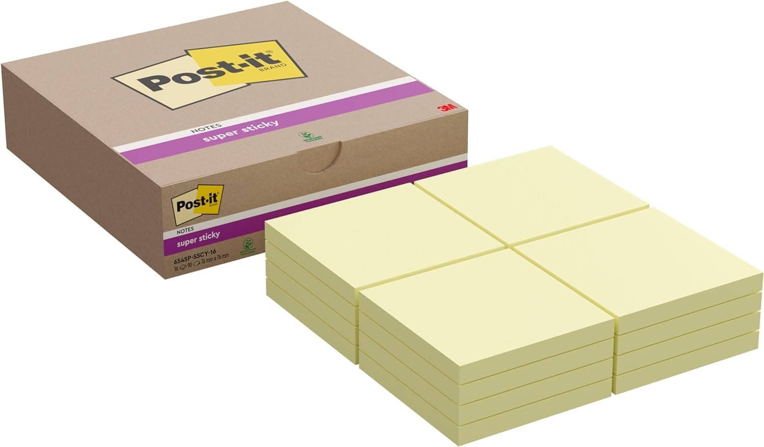 Post-it Foglietti Super Sticky, Giallo Canary, Confezione da 16 Blocchetti, 90 Fogli per Blocco, 76 mm x 76 mm, Colore Giallo - Foglietti Extra Adesivi per Appunti, Elenchi & Promemoria