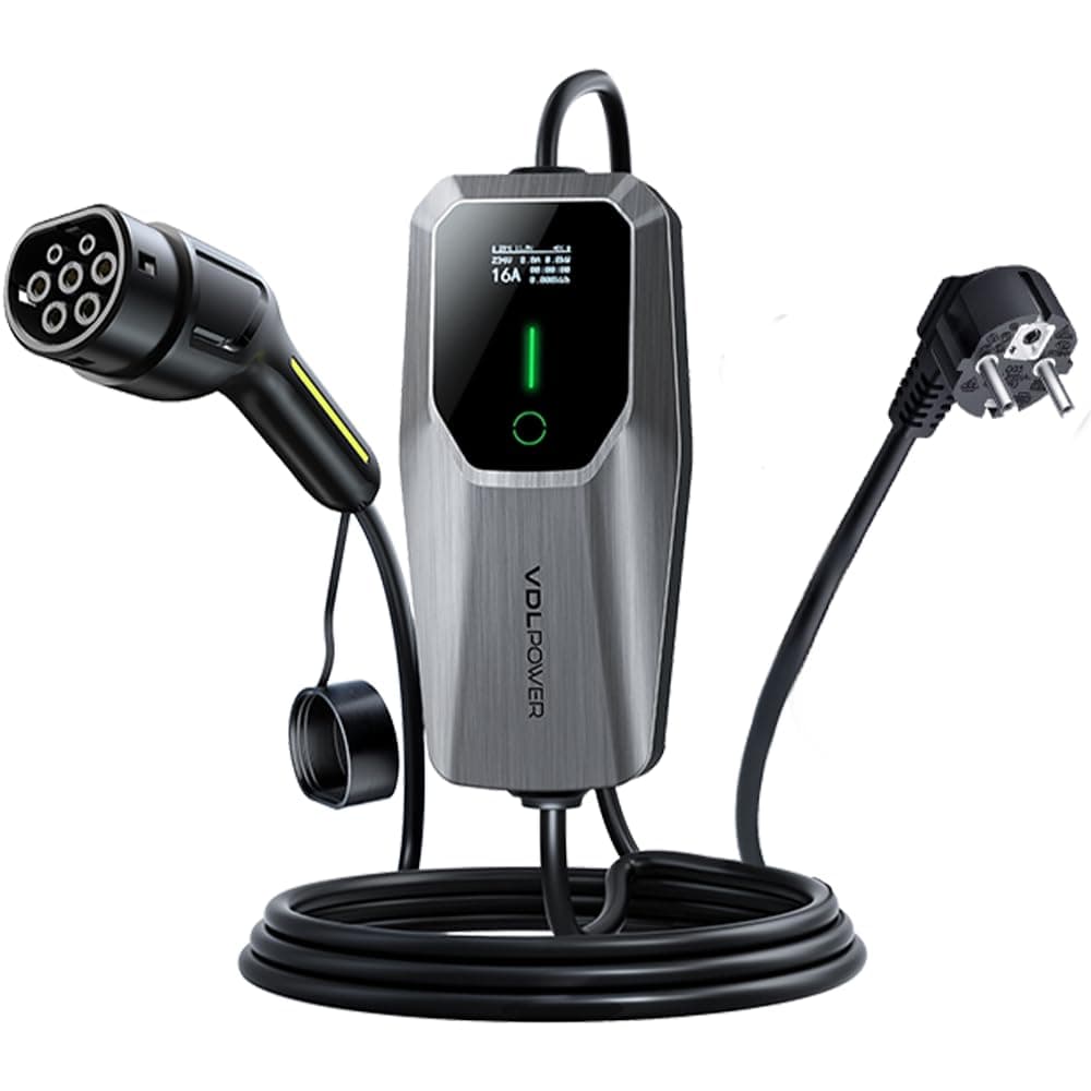 Cavo di Ricarica Tipo 2, 3,68 kW/5M, Cavo di Ricarica per Auto Elettrica, Display LED 6A-16 A, Caricatore Portatile EV, Tipo 2, per Veicoli Elettrici con Monofase EU-Schuko, IP65 (norma IEC 62196-2)