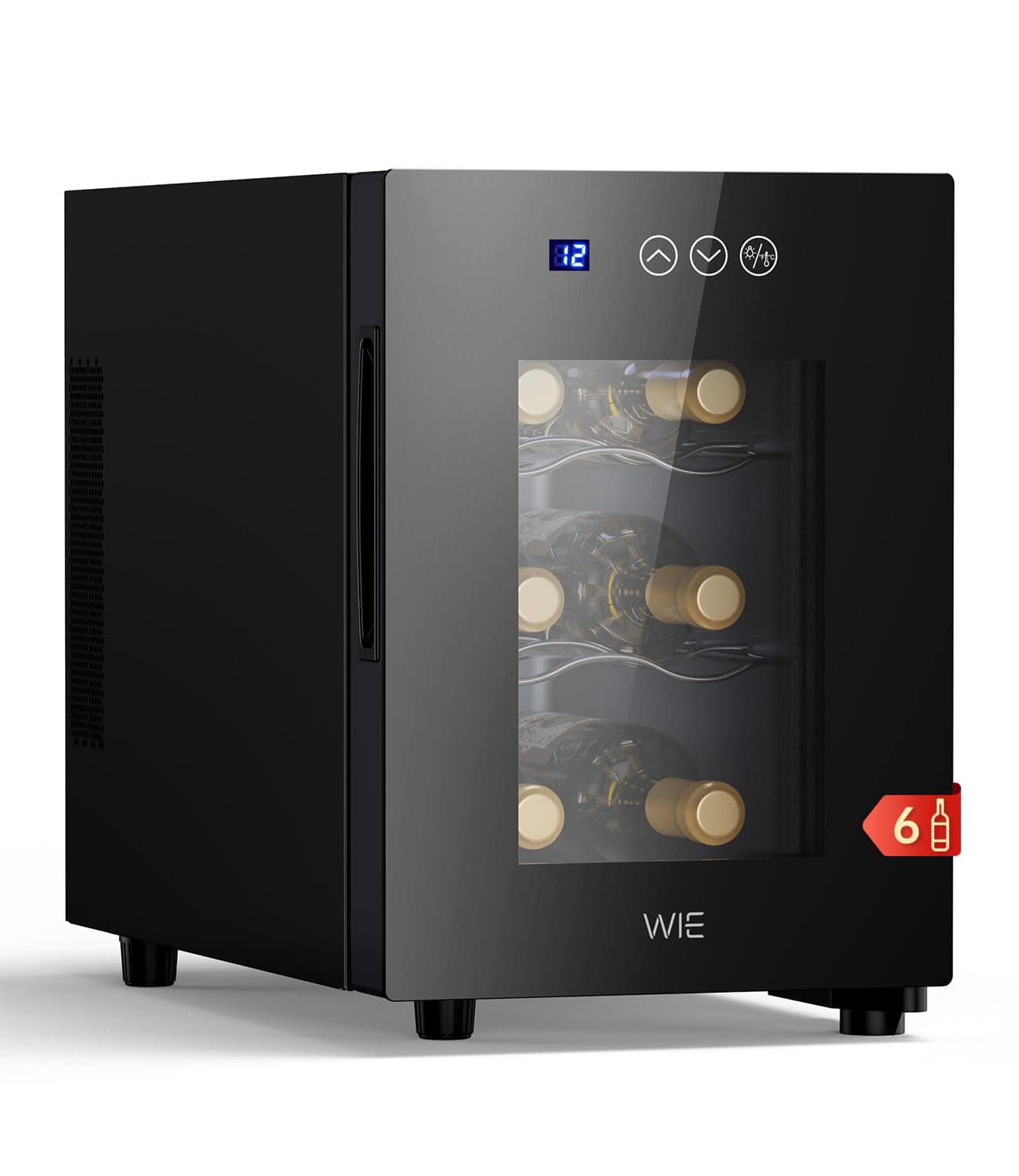 WIE Vinoteca Pequeña 6 Botellas - Mini Frigorífico con Puerta de Cristal 4–16°C, Enfriador de Vino con LED, Panel Táctil, 3 Niveles, <42 dB, para Casa, Bar, Dormitorio