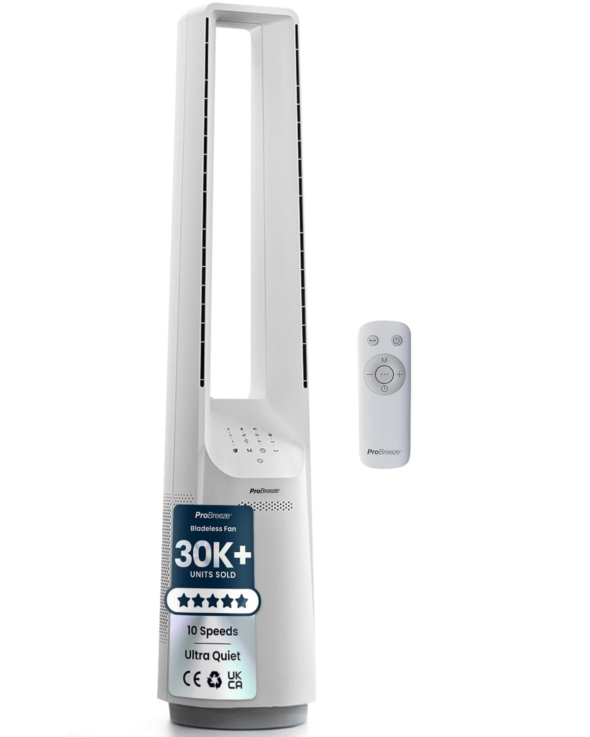 Pro Breeze Ventilatore a Torre Bianco 101 cm Senza Pale – Motore DC Ultra Silenzioso, Telecomando, Display LED, 6 Velocità, 5 Modalità, Oscillazione Automatica 60°, Timer 7h, Ideale per Casa e Camera