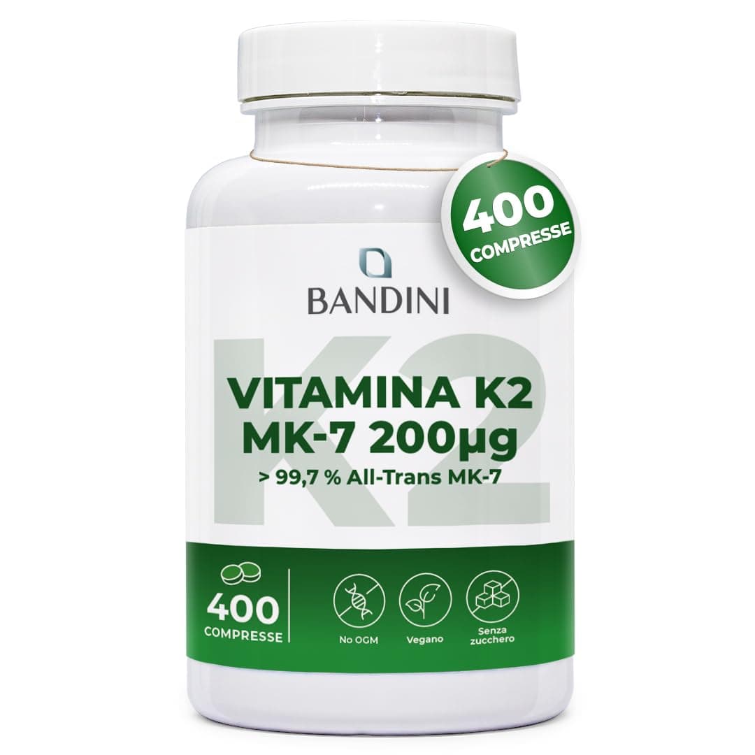 Bandini® Vitamina K2 MK7 200µg | 400 Compresse | Menachinone ad Alto Dosaggio | Vit K 2 MK-7 200 mcg | Contribuisce al Mantenimento di Ossa Normali, 100% Vegan, Senza OGM | Vitamina K Qualità Italiana