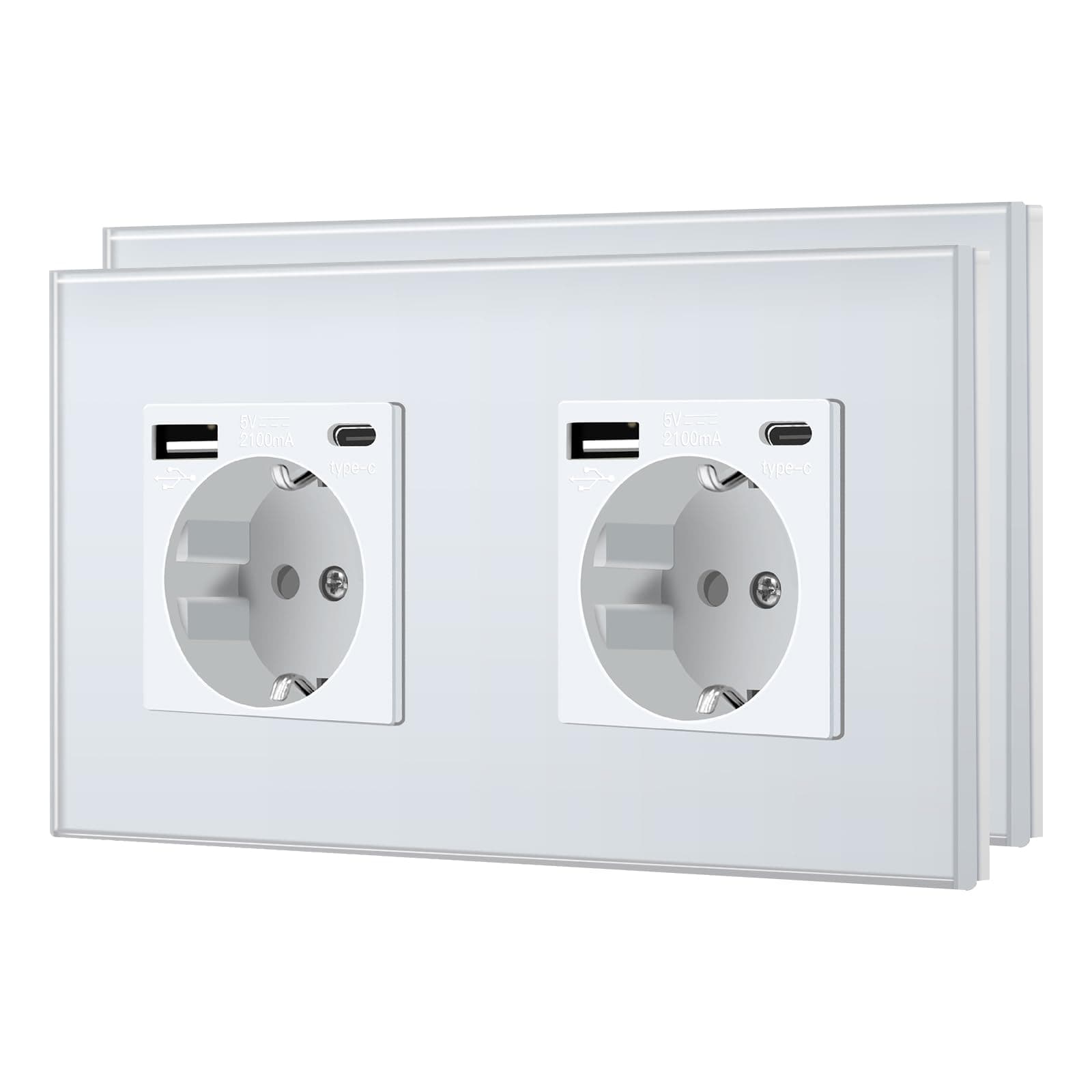 BSEED Enchufe Doble con USB C,Enchufes Pared con Cristal,Schuko Enchufe Simple 16A 250V,Toma de Corriente para Cocina,Dormitorio,Oficina,Hotel,M Serie,2 Enchufe USB C-2 Paquetes,157mm Blanco