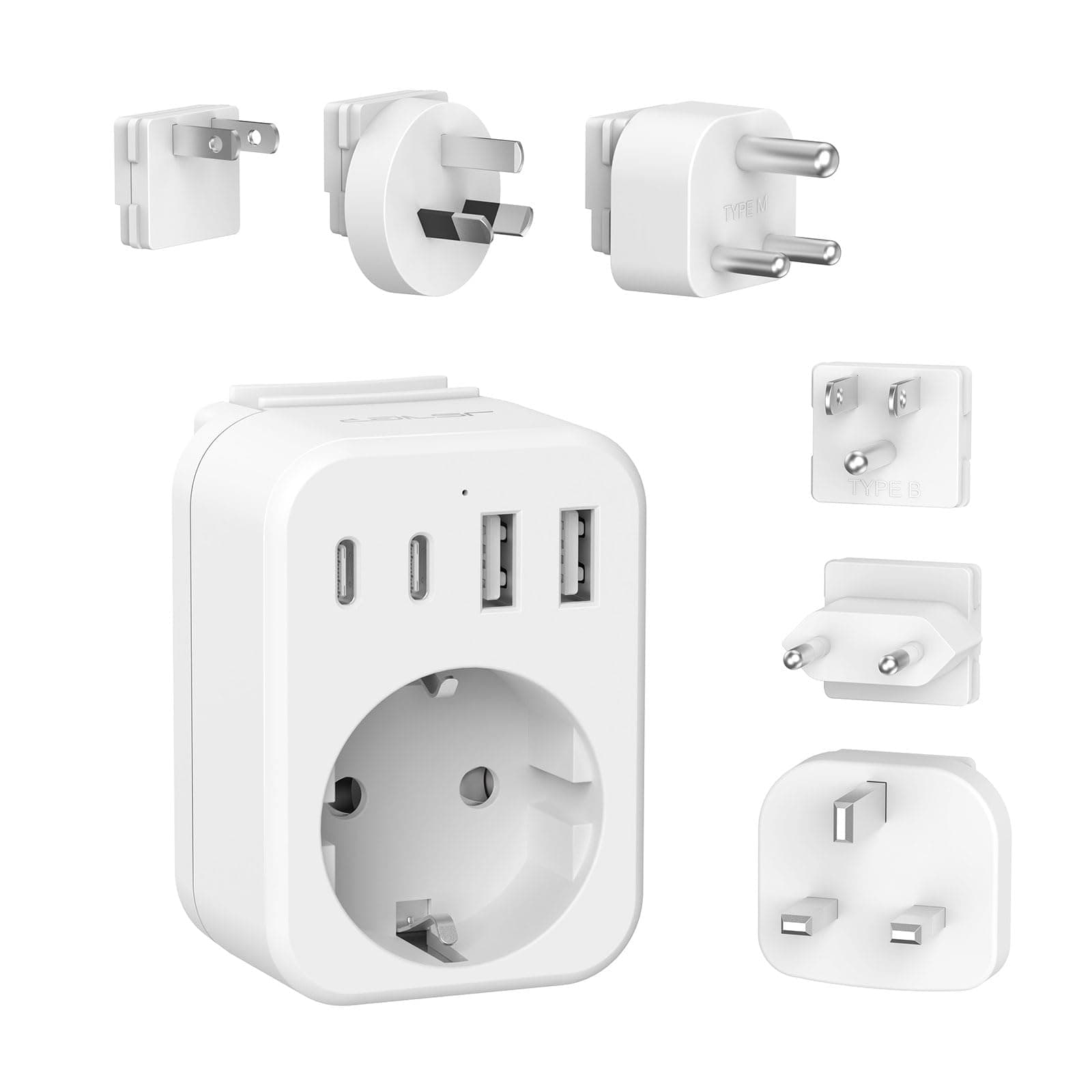 JSVER Enchufe de Viaje Universal para Más de 180 Países,Adaptador Enchufe Universal con 6 Enchufes reemplazables Type B/G/C/A/I/M, Cargador para USA, UK,EU/Americano/AUS/Japan/Sudafrica/Tailandia/HK