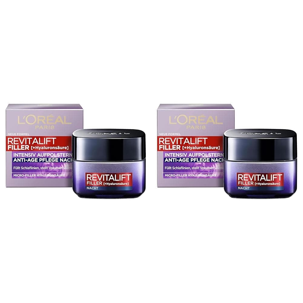 L'Oréal Paris Hyaluron Nachtcreme, Anti-Aging Gesichtspflege mit Micro-Filler Hyaluronsäure für Feuchtigkeit und Anti Falten Effekt, Revitalift Filler, 1 x 50 ml (Packung mit 2)