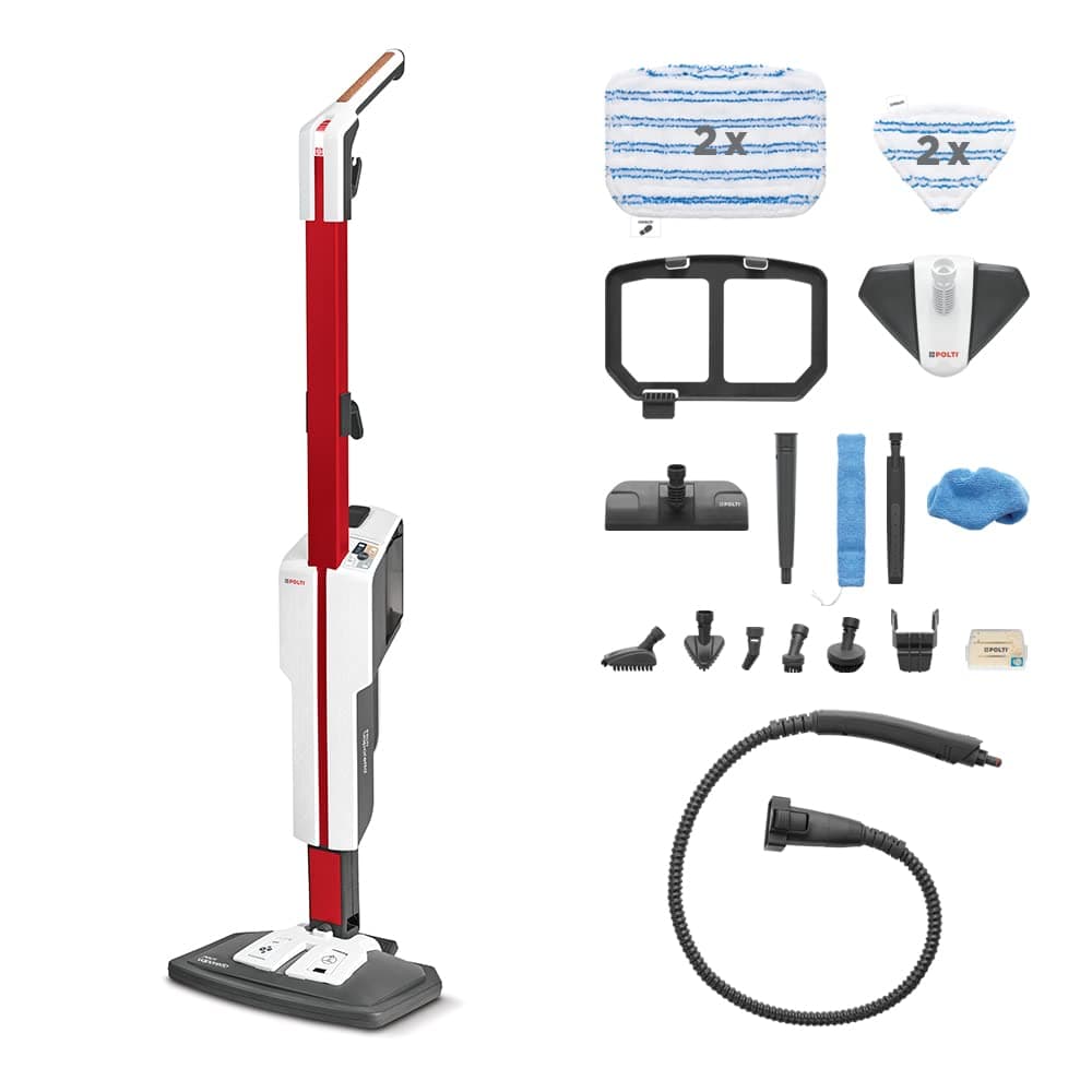 Polti Vaporetto SV650 Style Balai Vapeur 1500 W, Nettoyeur à Main, 19 Accessoires, Autonomie Illimitée, Filtre Anti-Calcaire, Stationnement Vertical, Rouge et Blanc